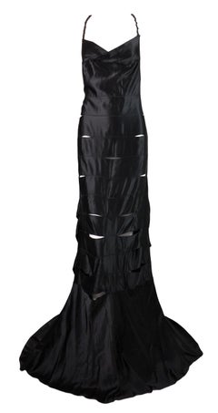 New F/W 2002 Gucci Tom Ford Runway Black Silk Cut-out Ribbon Gown Dress