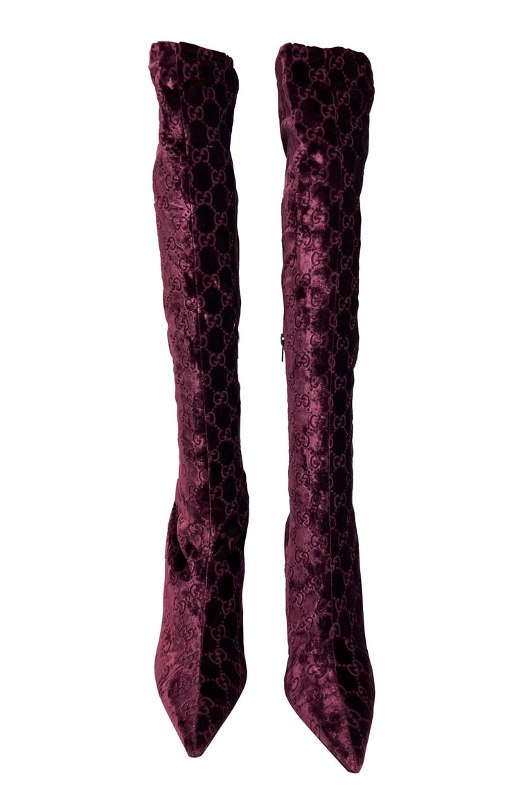 NEW F/W 2004 Gucci by Tom Ford Burgundy Velvet 'GG' Monogram Heel Boots