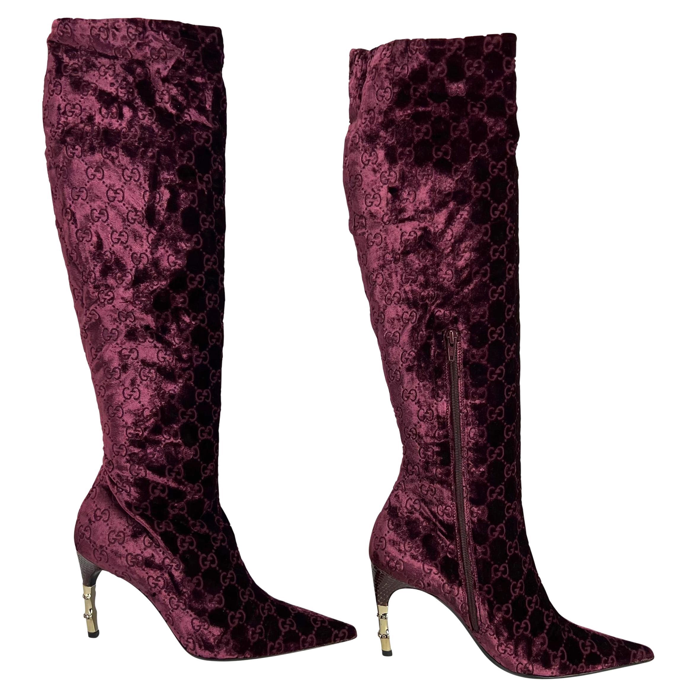 NEW F/W 2004 Gucci by Tom Ford Burgundy Velvet 'GG' Monogram Heel Boots Size 36C For Sale