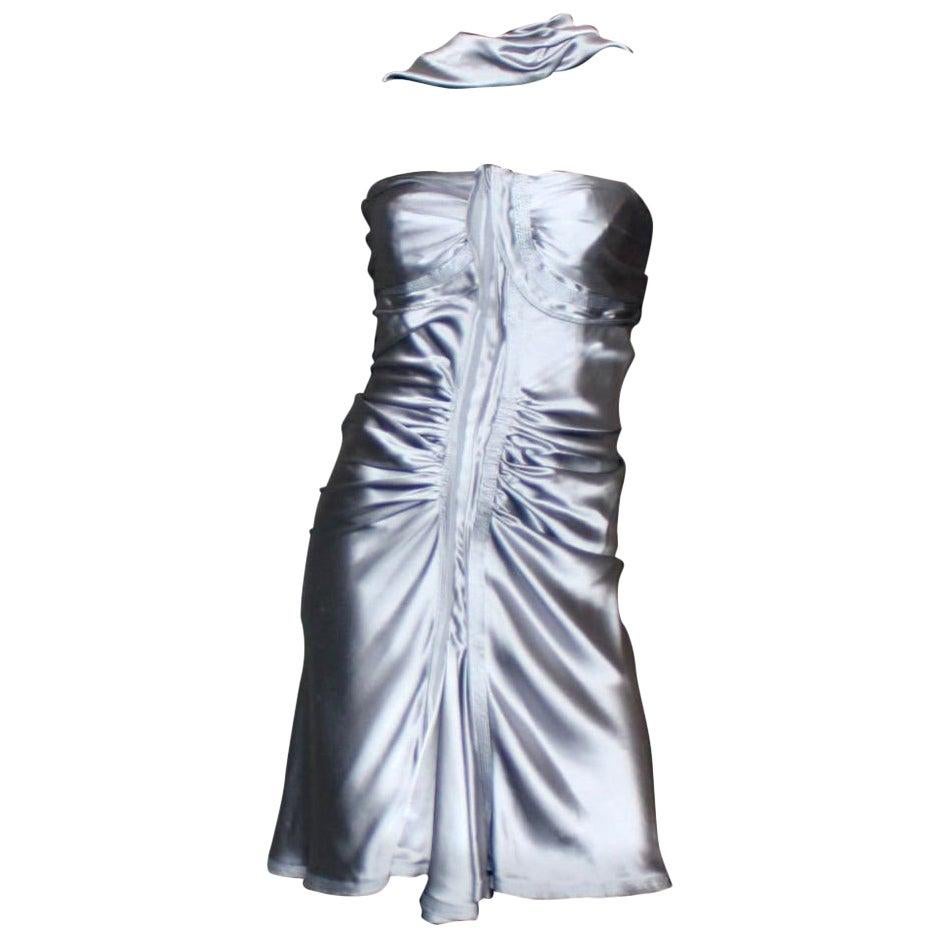 NEW Famous Yves Saint Laurent Tom Ford 2003 Silver Grey Silk Evening Dress 38 For Sale