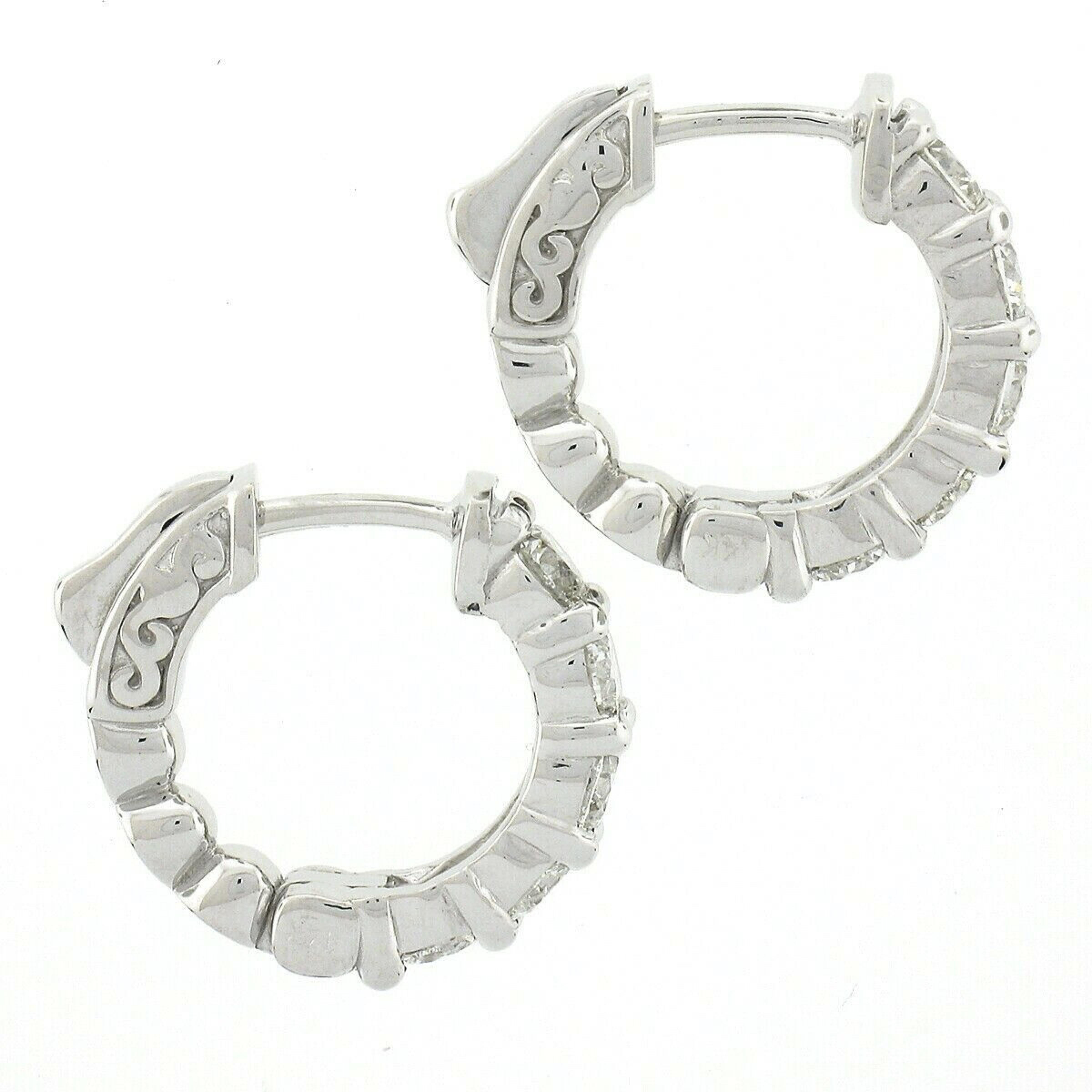 New Fancy 14k White Gold 1.58ctw 10 Round Diamond Huggie Hoop Earrings In New Condition For Sale In Montclair, NJ