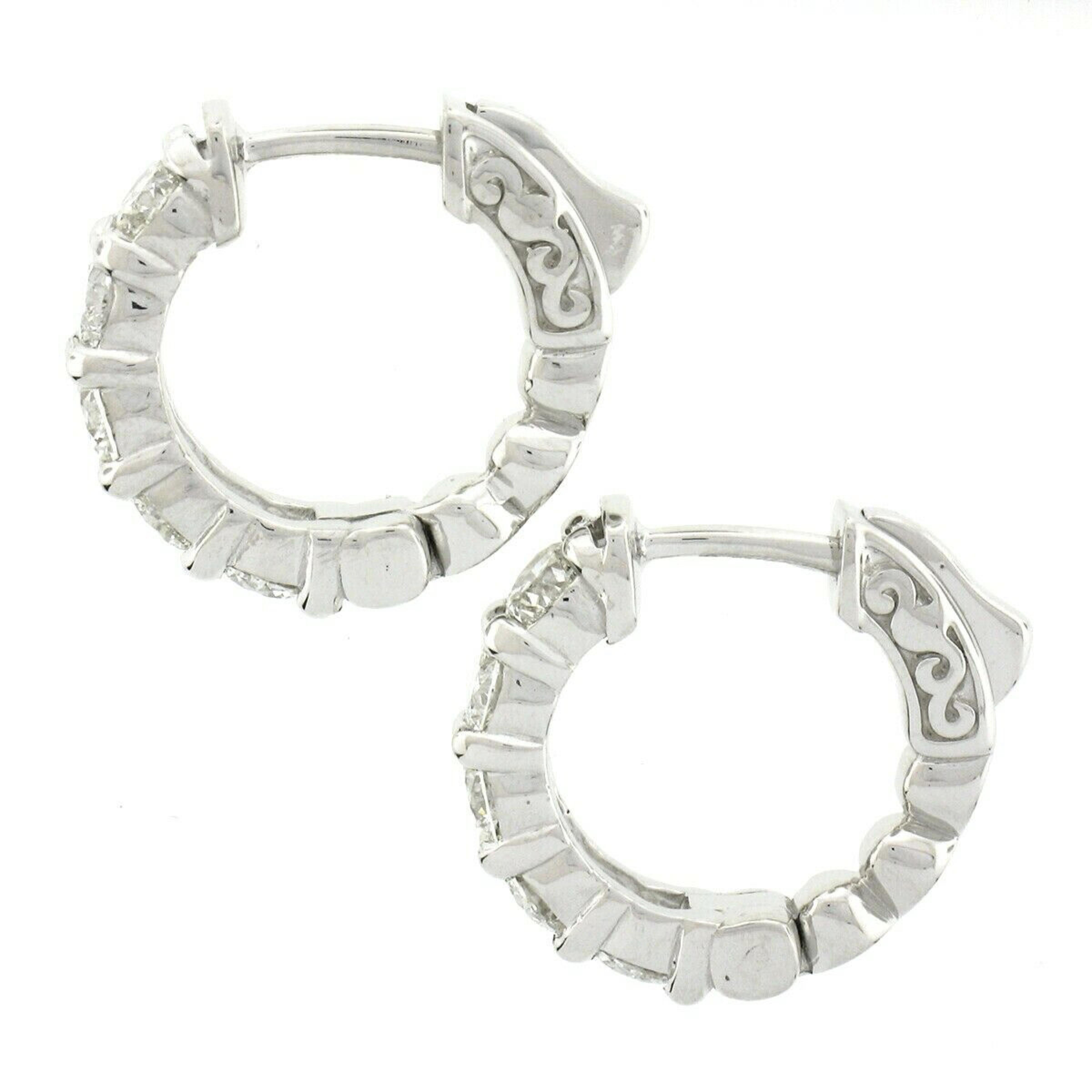 Women's New Fancy 14k White Gold 1.58ctw 10 Round Diamond Huggie Hoop Earrings For Sale