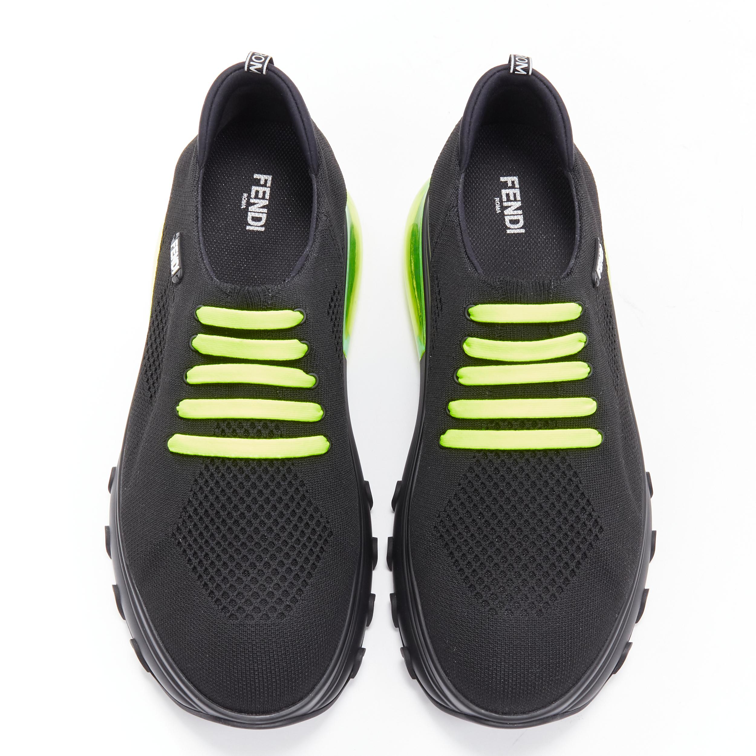 new FENDI 2019 black knit neon yellow air sole low runner sneaker 7E1234 EU44 
Reference: TGAS/B01591 
Brand: Fendi 
Model: Air sole sneaker 
Material: Fabric 
Color: Black 
Pattern: Solid 
Closure: Lace 
Extra Detail: Neon laces. Sock knit upper.