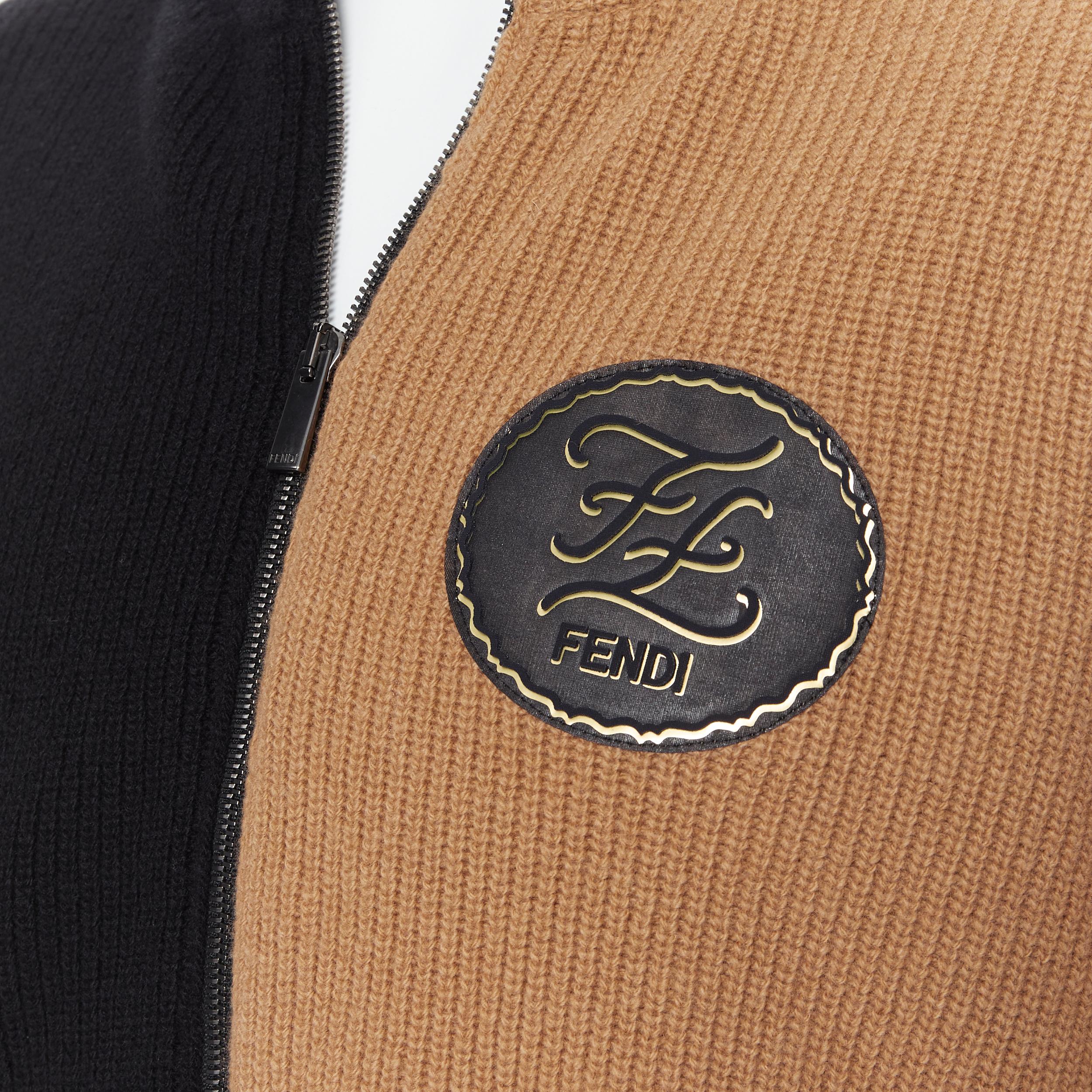new FENDI 2019 Runway 100% wool FF logo black brown bi-colour zip cardigan S 
Reference: TGAS/B00353 
Brand: Fendi 
Collection: 2019 Runway 
Material: Wool 
Color: Brown 
Pattern: Solid 
Closure: Zip 
Extra Detail: Black camel brown mismatched
