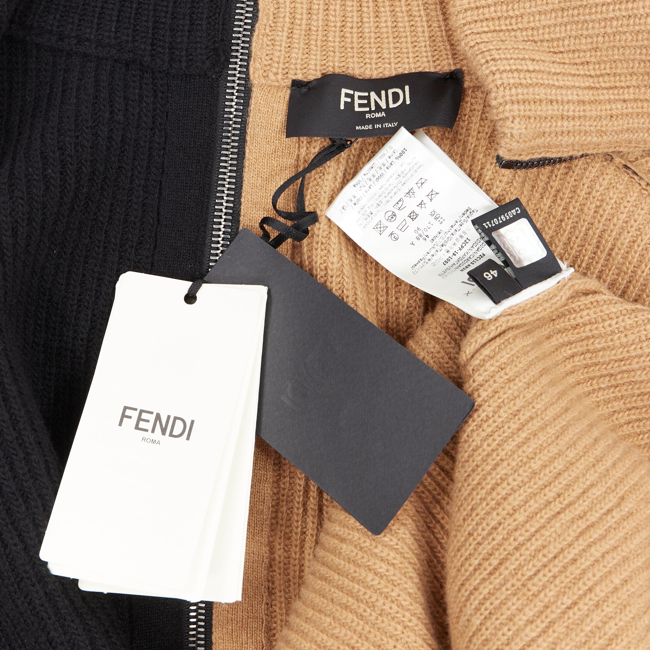 new FENDI 2019 Runway 100% wool FF logo black brown bi-colour zip cardigan S
