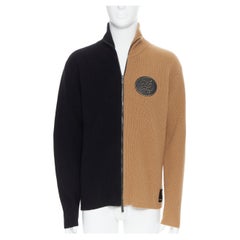 FENDI - Cardigan à fermeture éclair bicolore marron et noir, 100 % laine, logo FF, défilé 2019, état neuf