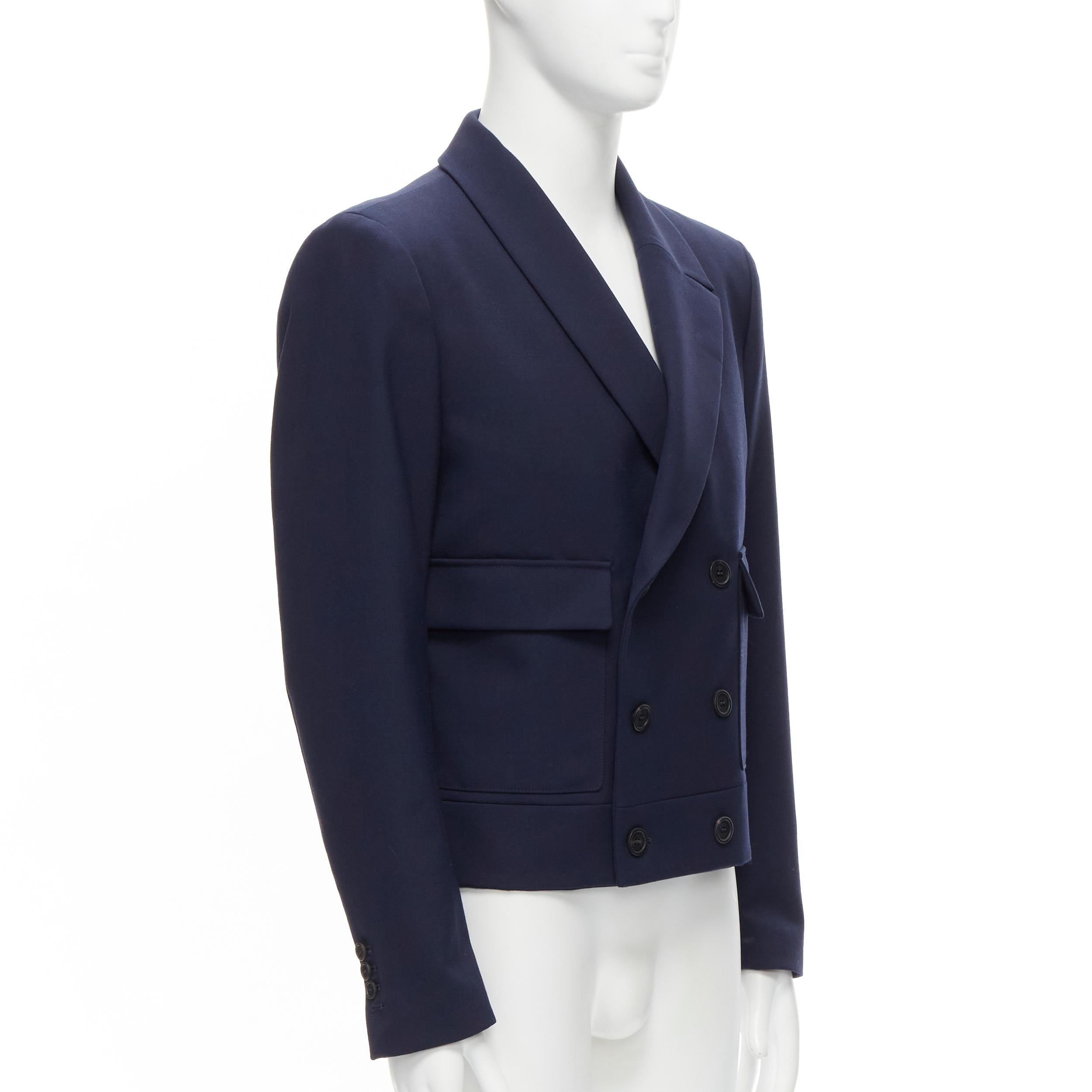 Black new FENDI 2019 Runway navy asymmetric double breasted cropped blazer IT48 M For Sale