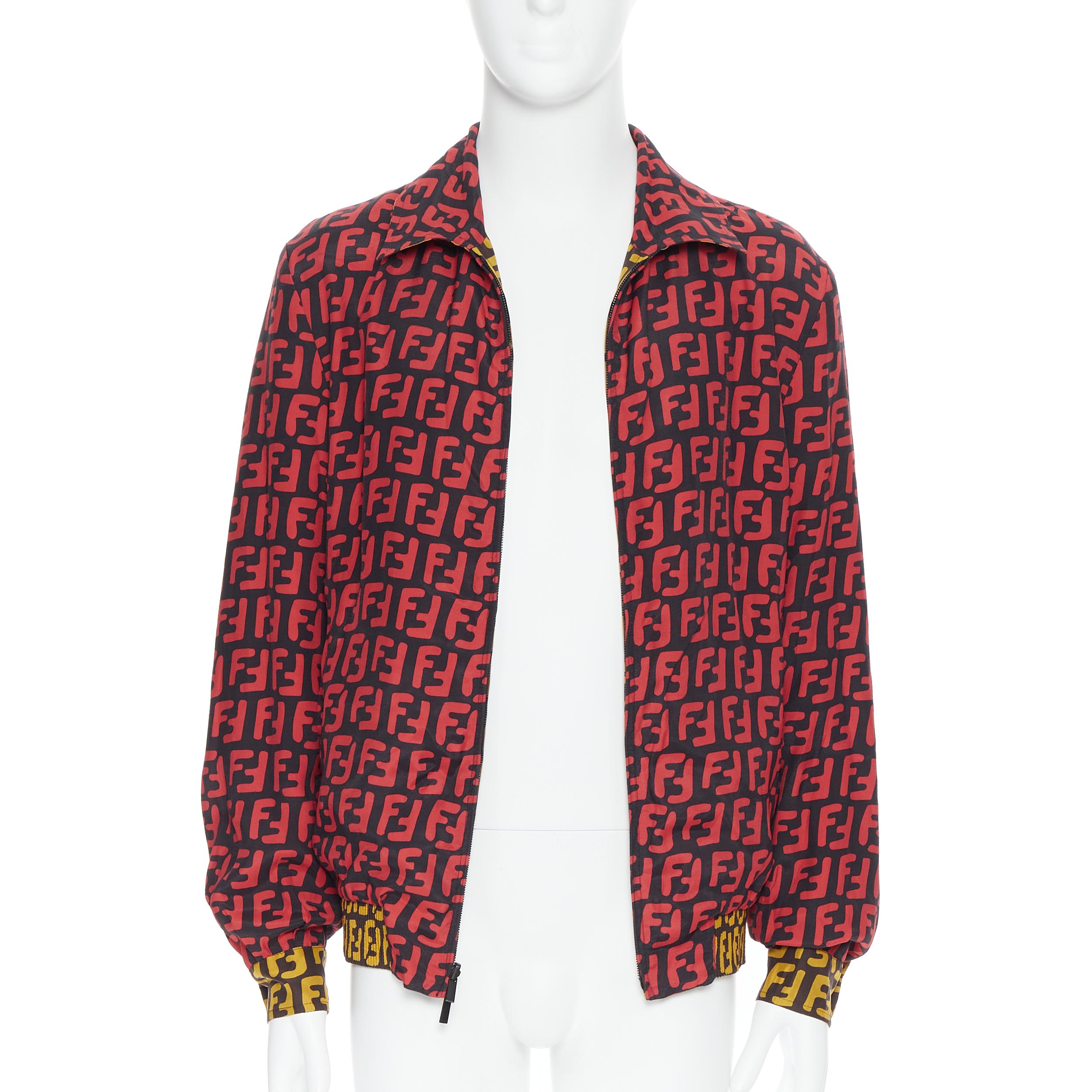 new FENDI 2019 Runway reversible 100% silk FF monogram yellow red jacket IT50 Reference: TGAS/B00357 
Brand: Fendi 
Collection: Spring Summer 2019 Runway 
Material: Silk 
Color: Yellow 
Pattern: Other 
Closure: Zip 
Extra Detail: 100% silk. Brown