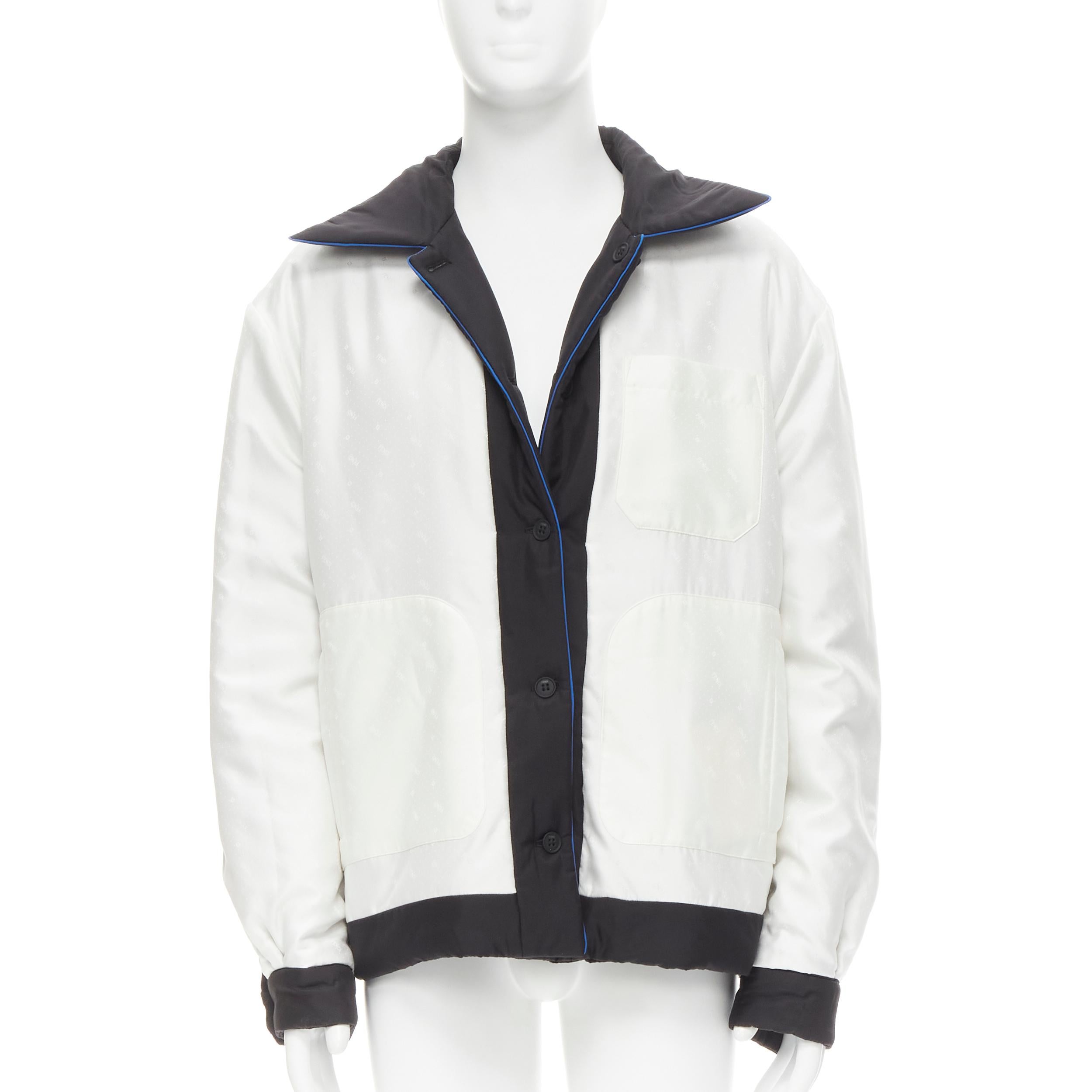 new FENDI 2021 Reversible 100% silk black white logo padded jacket IT48 M 
Reference: TGAS/C00730 
Brand: Fendi 
Material: Silk 
Color: Black 
Pattern: Solid 
Closure: Button 
Extra Detail: Reversible padded jacket. 100% silk on both sides- one side