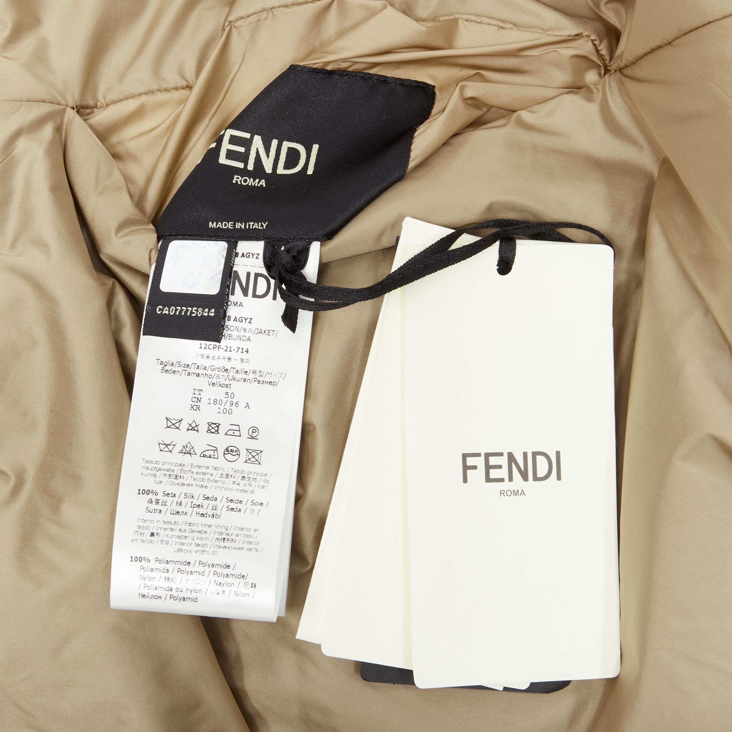 new FENDI 2021 Runway 100% silk blue logo goose down puffer jacket IT48 M For Sale 1