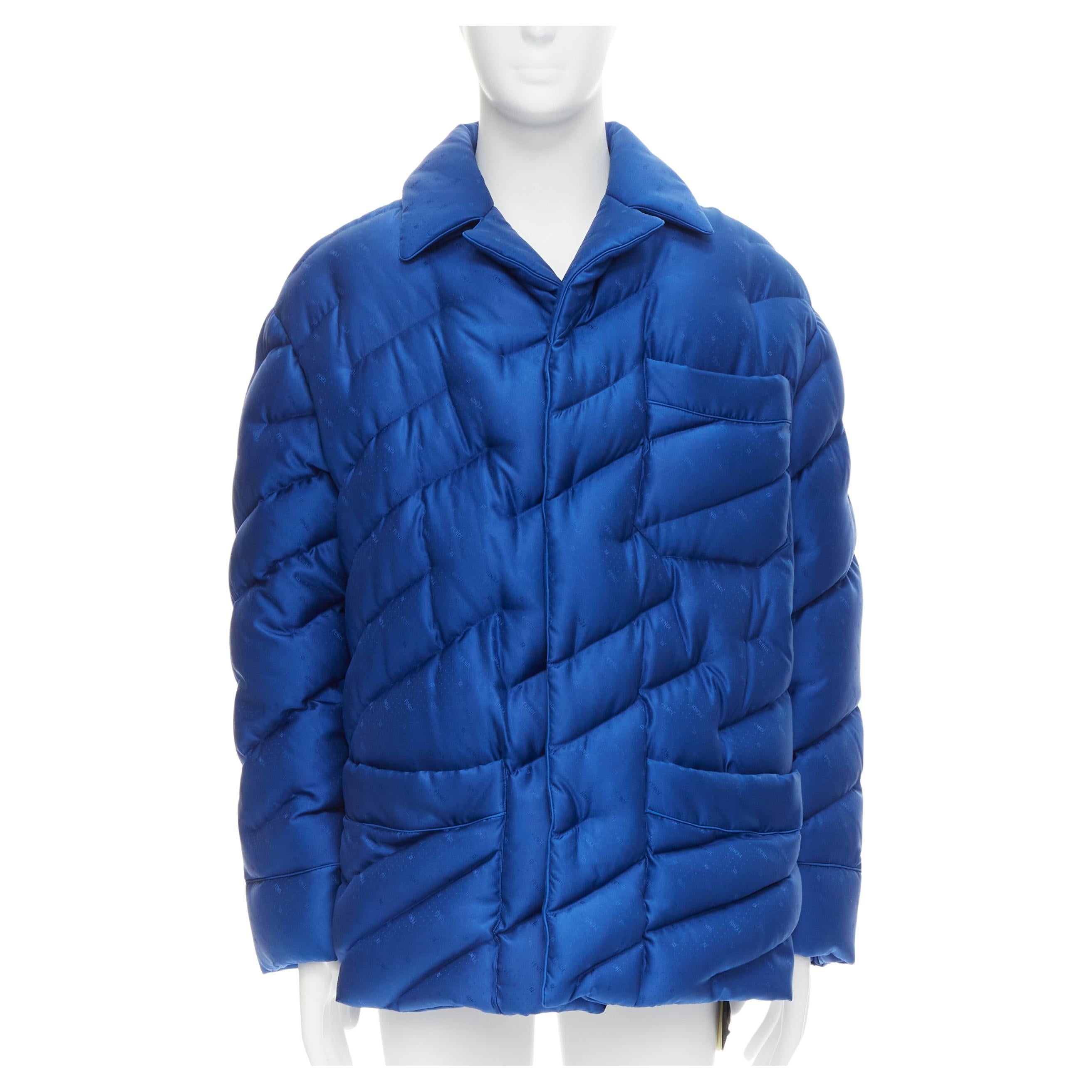 new FENDI 2021 Runway 100% silk blue logo goose down puffer jacket IT48 M For Sale