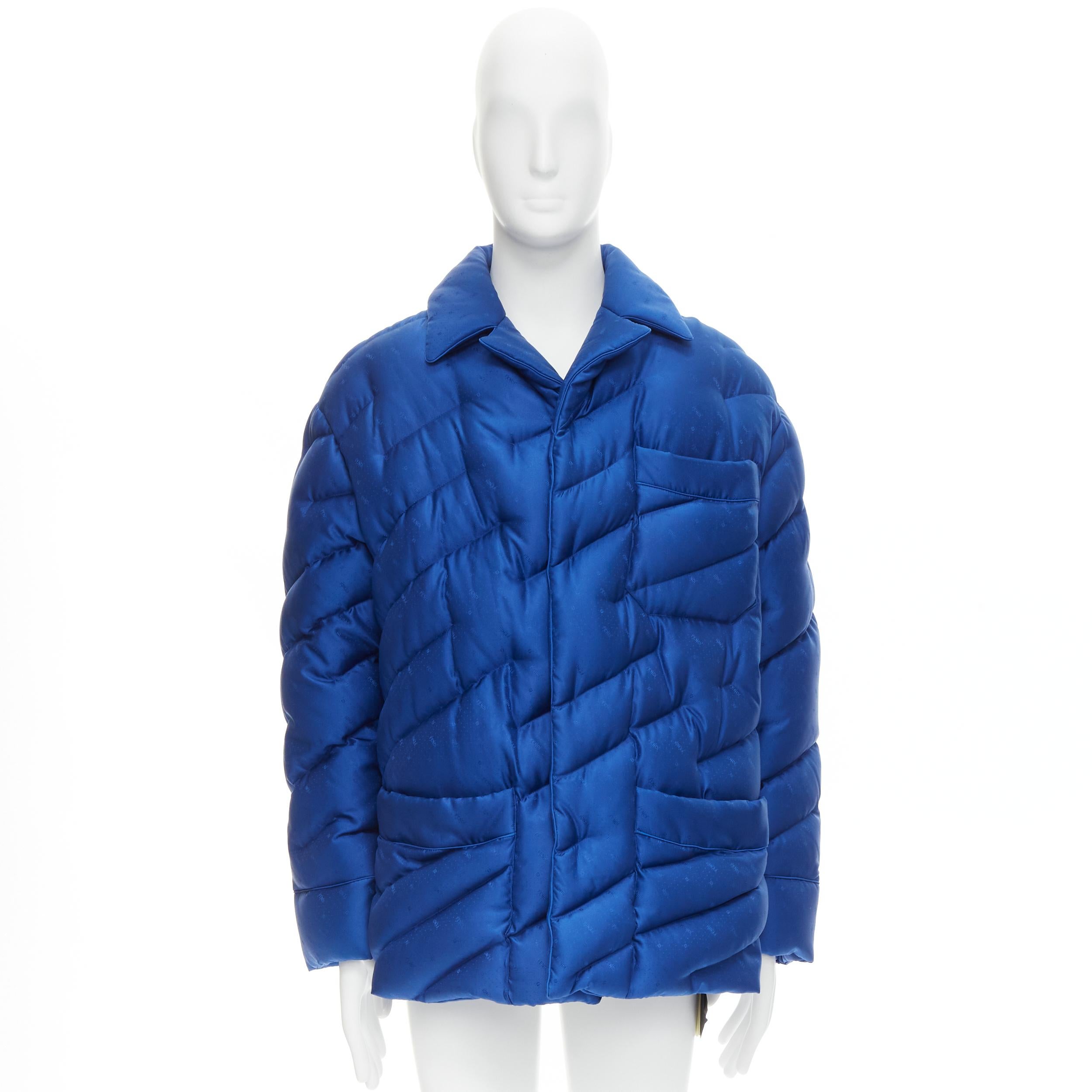 new FENDI 2021 Runway 100% silk blue logo goose down puffer jacket IT50 L For Sale 2