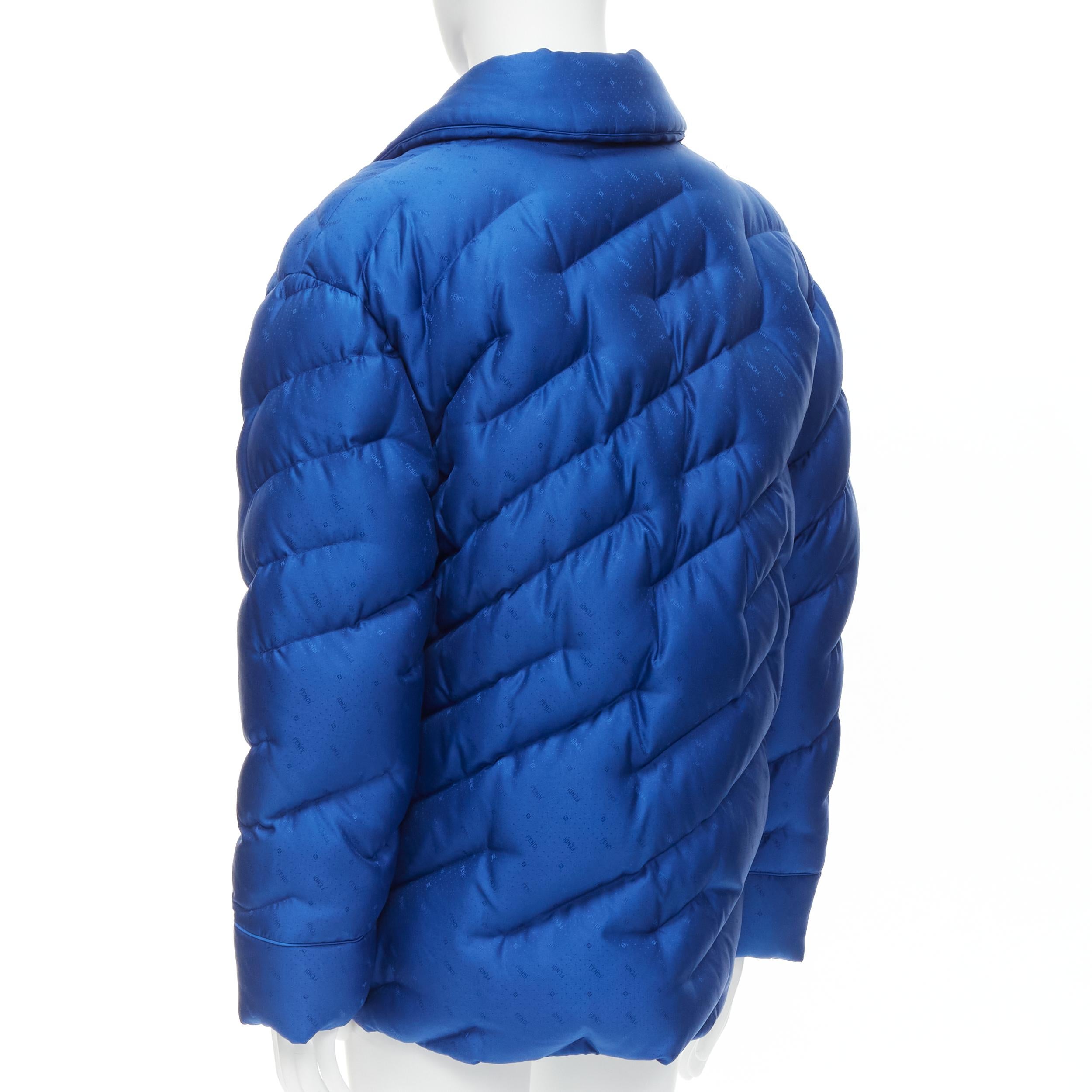 new FENDI 2021 Runway 100% silk blue logo goose down puffer jacket IT50 L In New Condition For Sale In Hong Kong, NT