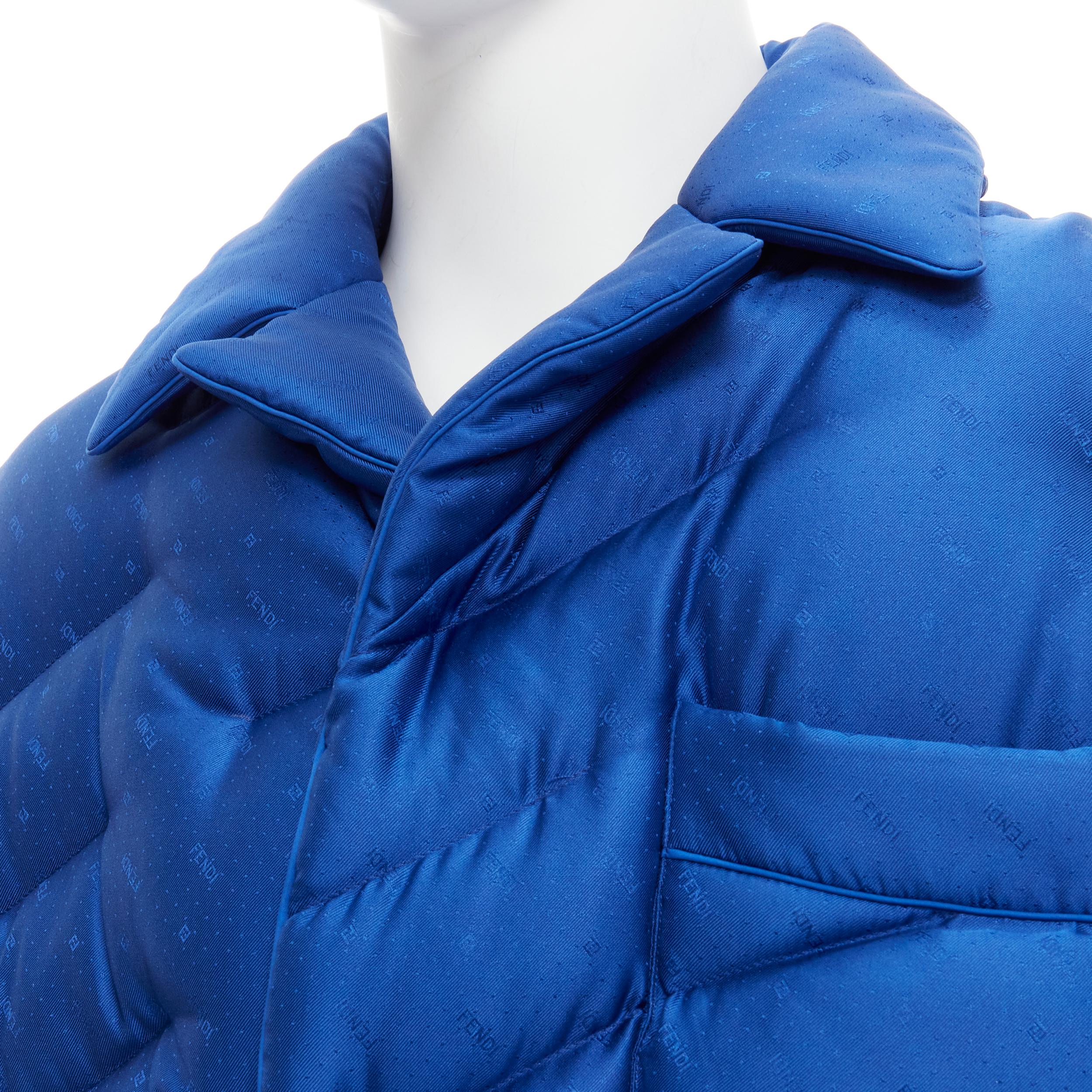 Men's new FENDI 2021 Runway 100% silk blue logo goose down puffer jacket IT50 L For Sale