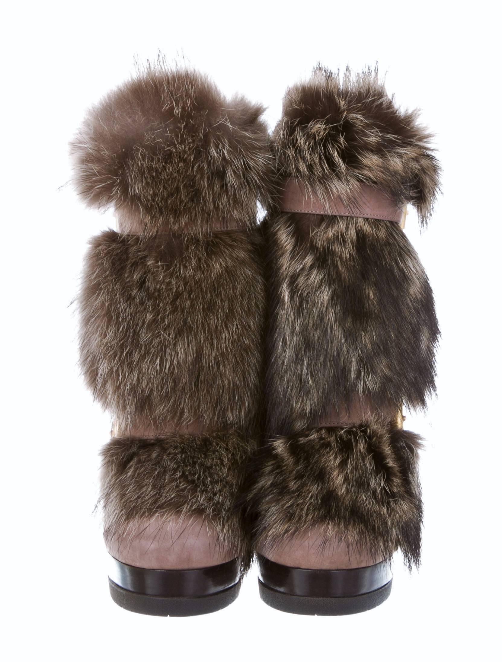 Black New Fendi Ad Runway Fur and Suede Platform Boots Booties Sz 38.5