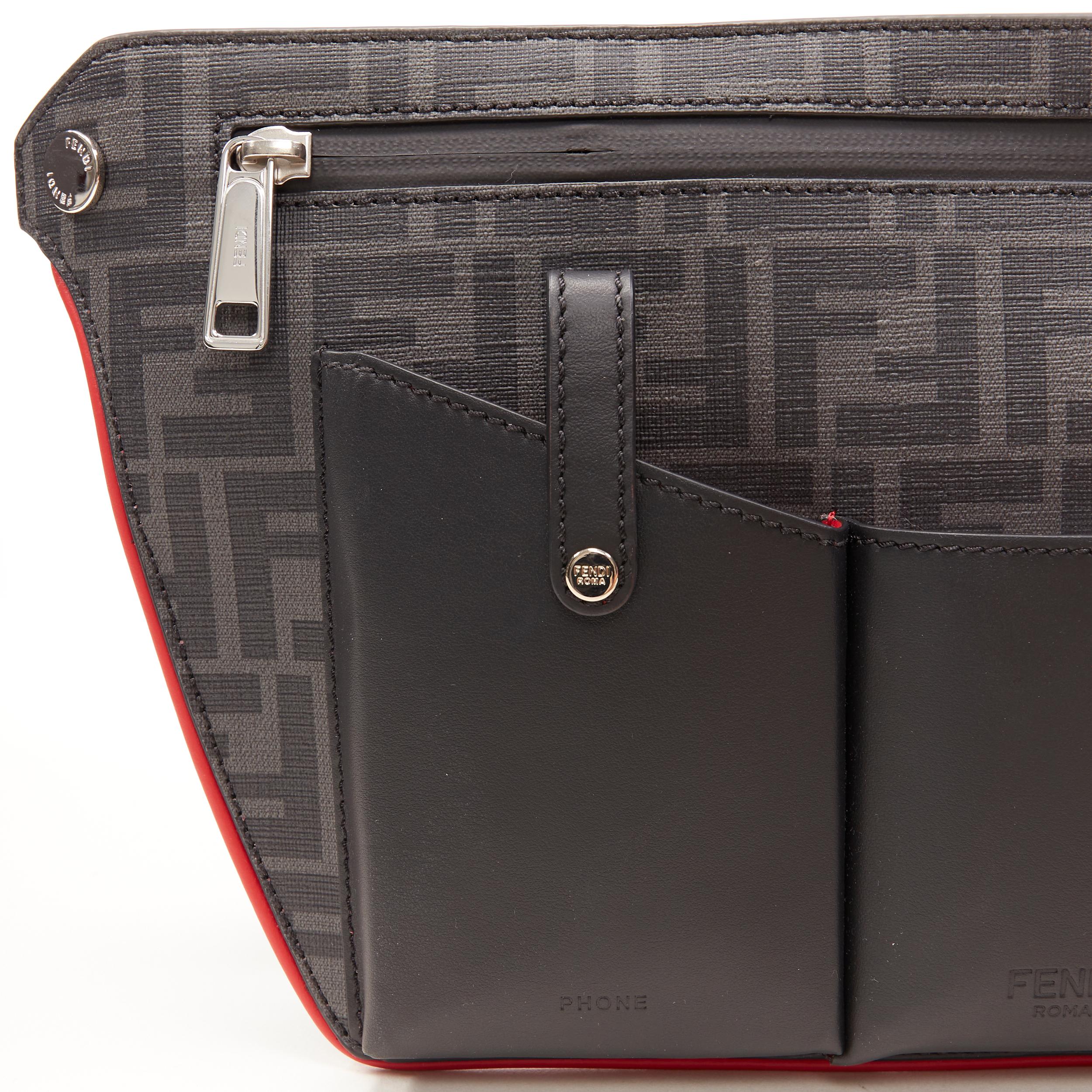 new FENDI black FF Zucca monogram leather multi pocket zip crossbody belt bag In New Condition In Hong Kong, NT