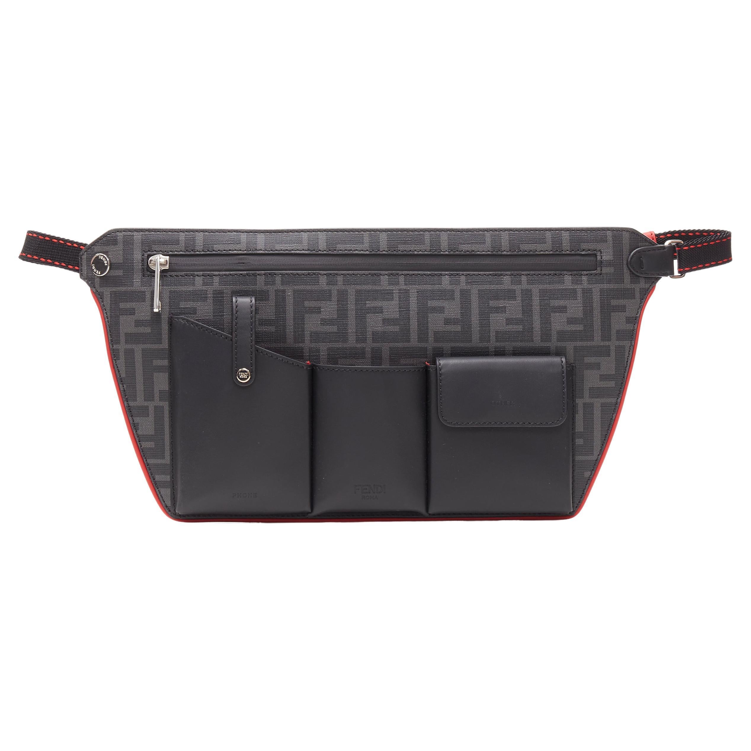 new FENDI black FF Zucca monogram leather multi pocket zip crossbody belt bag