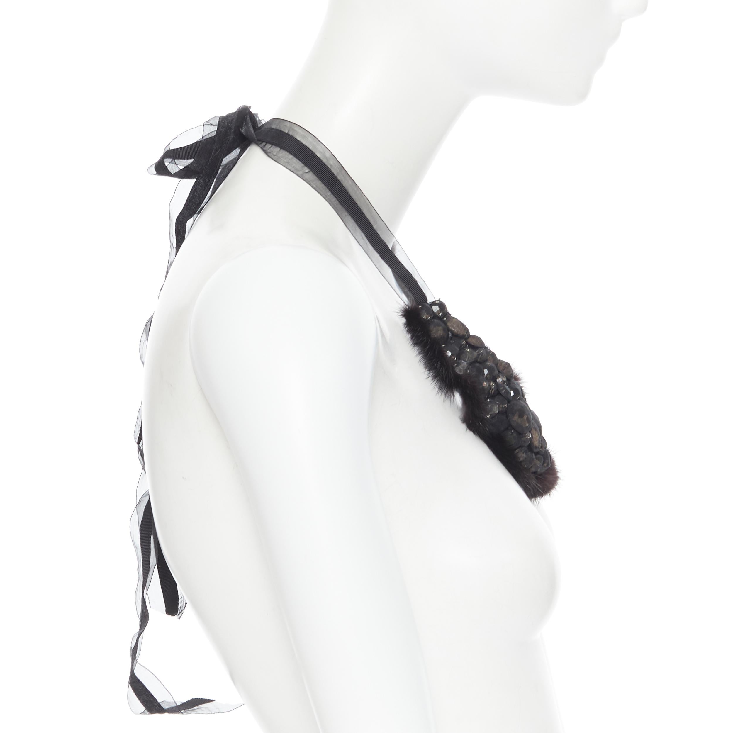 Black new FENDI black mesh jewel embellished fur chain self tie collar necklace For Sale
