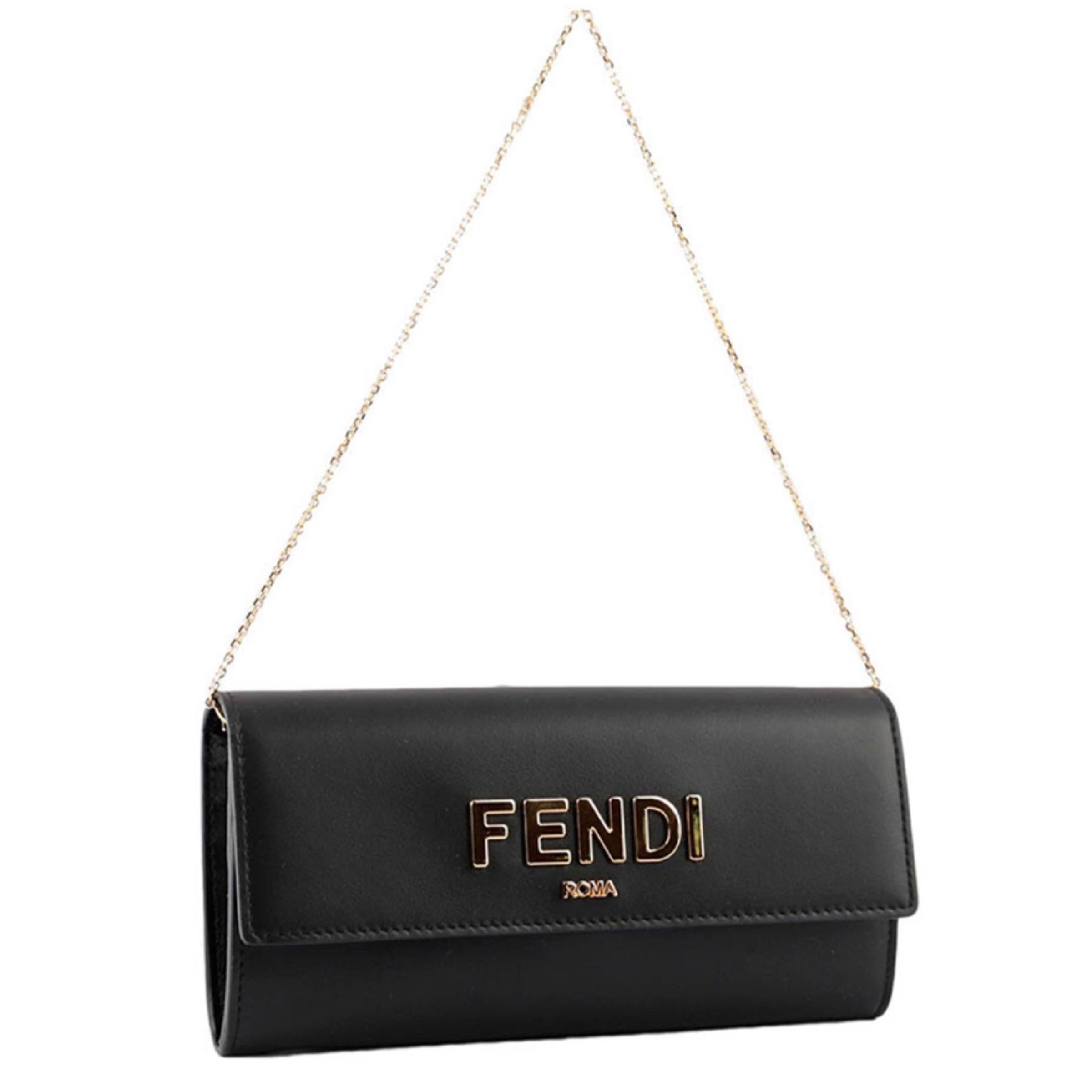 NEW Fendi Black Roma Leather Continental Wallet Clutch Crossbody Bag For Sale 3