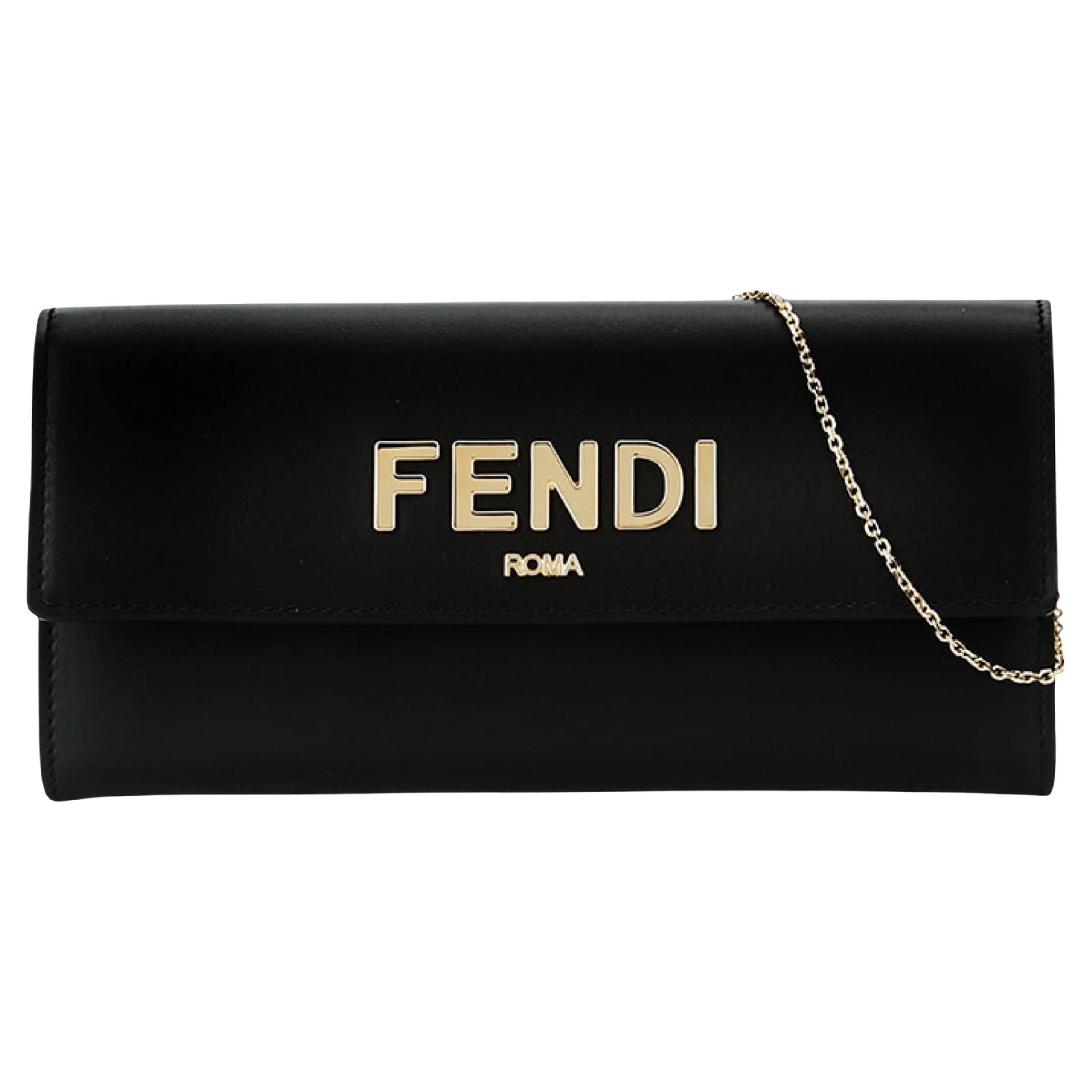 NEW Fendi Black Roma Leather Continental Wallet Clutch Crossbody Bag For Sale