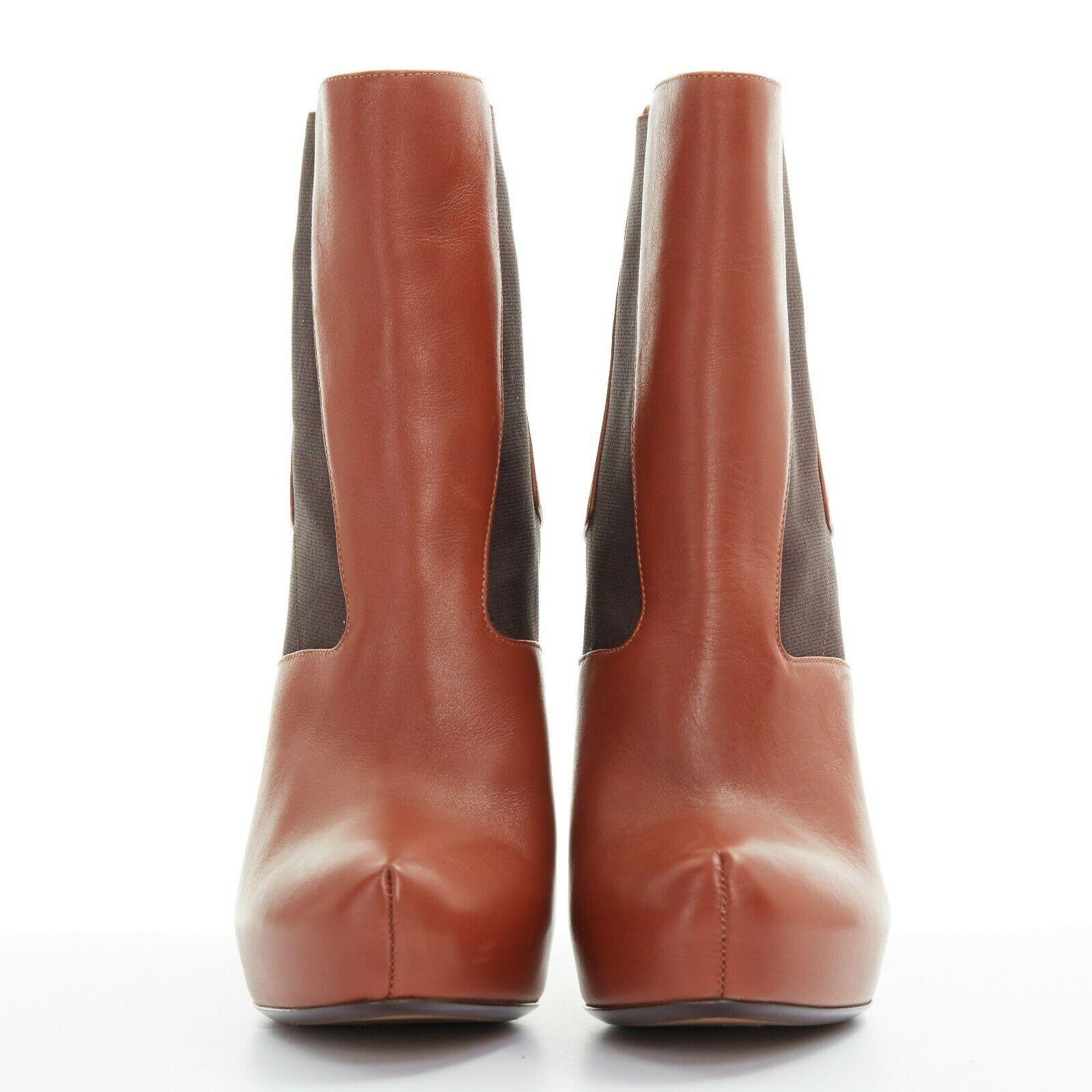 Brown new FENDI brown leather elasticated insert wooden heel platform bootie EU37.5