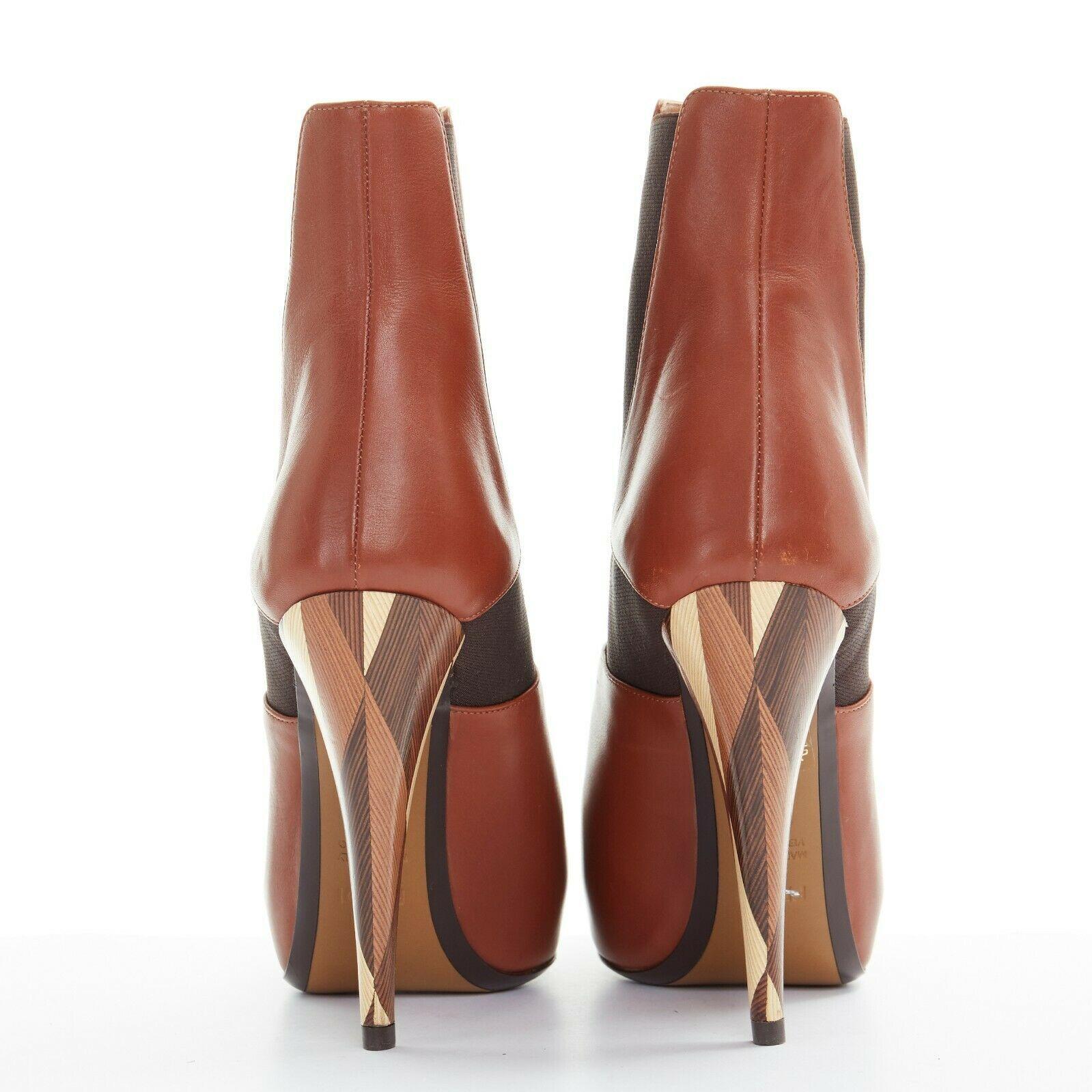 Women's new FENDI brown leather elasticated insert wooden heel platform bootie EU37.5