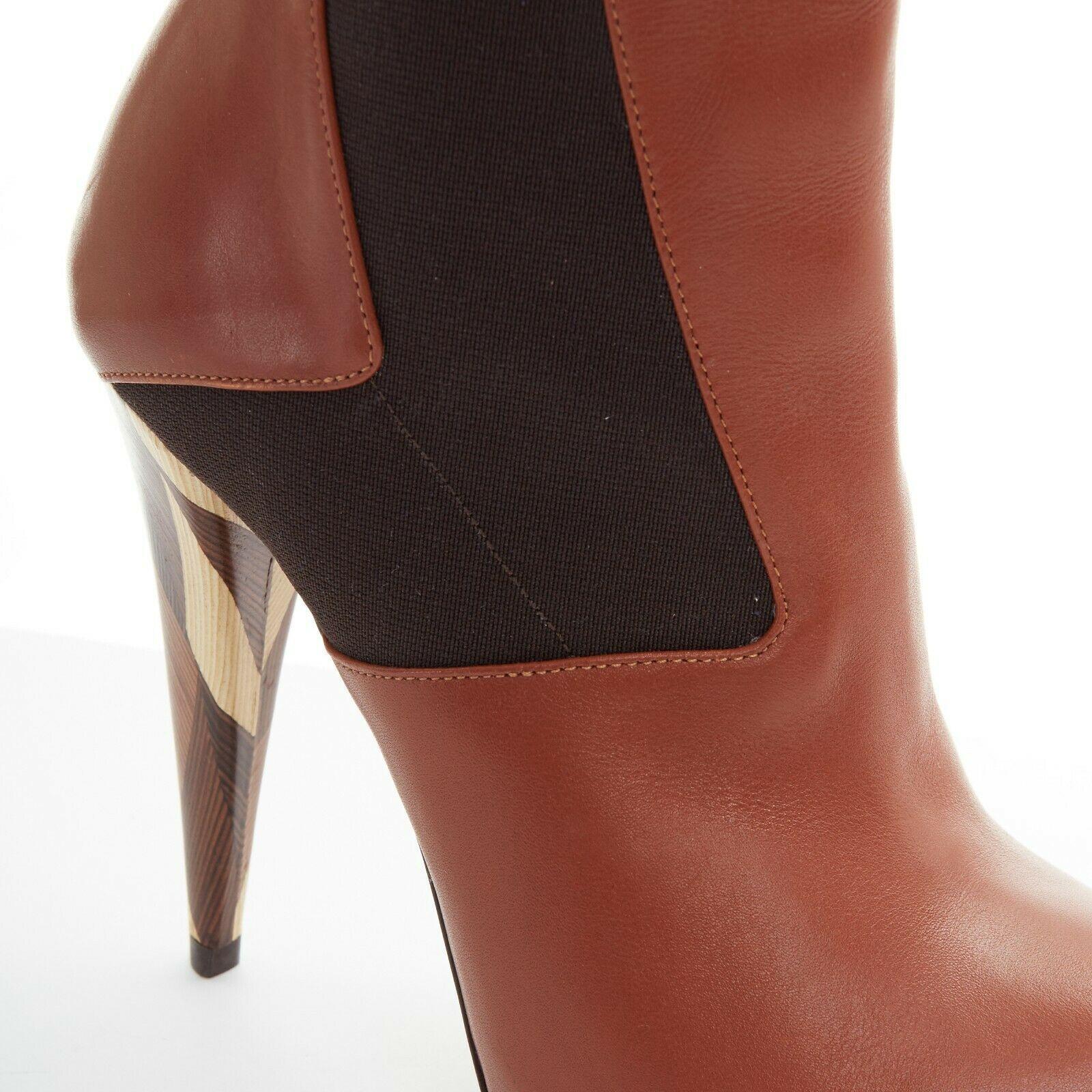 new FENDI brown leather elasticated insert wooden heel platform bootie EU37.5 3