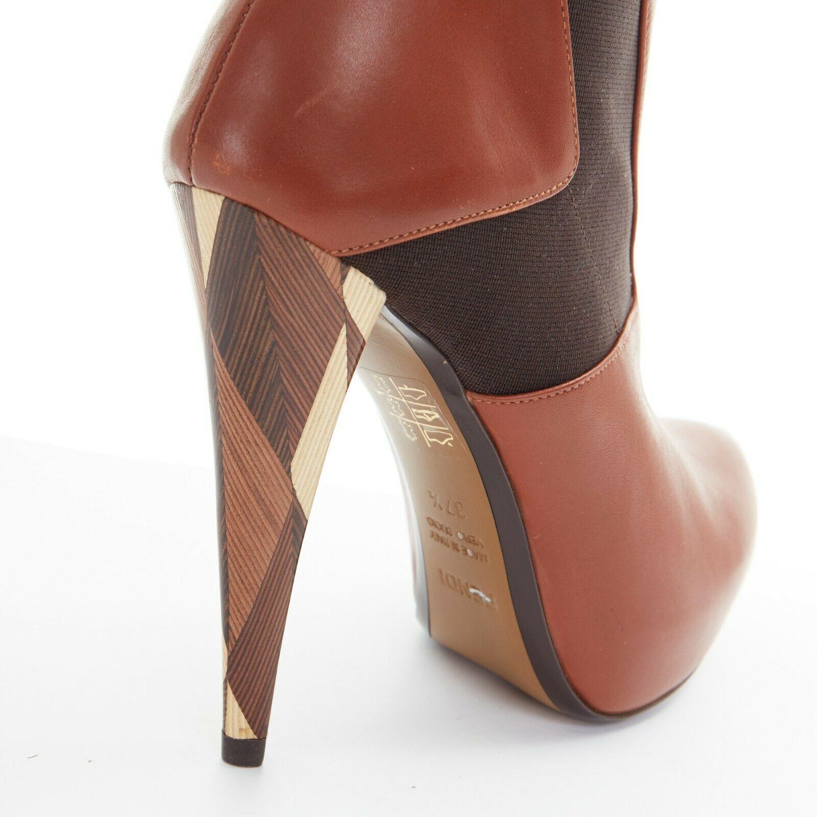 new FENDI brown leather elasticated insert wooden heel platform bootie EU37.5 4