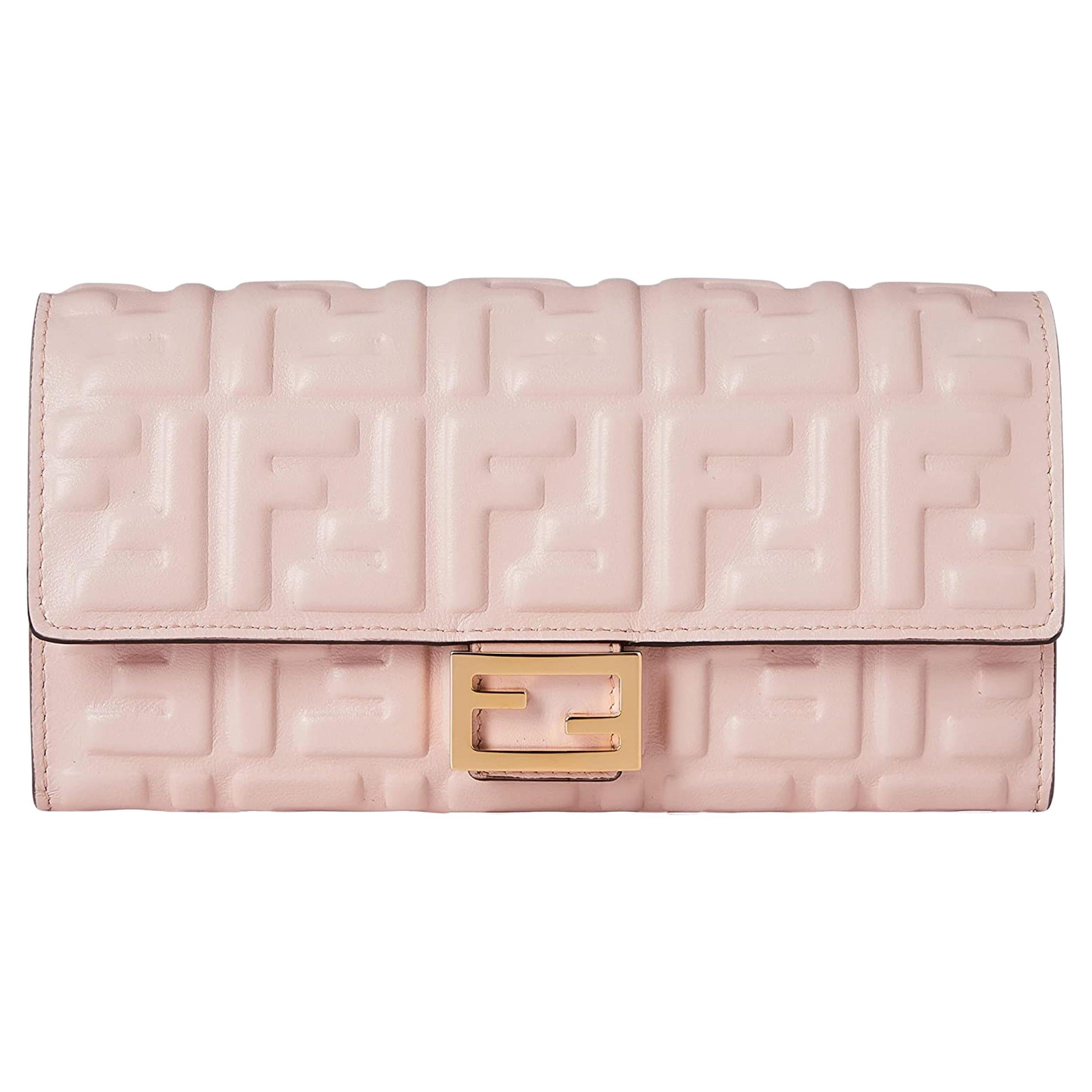 NEW Fendi Candy Pink Baguette FF Monogram Leather Continental Wallet Clutch Bag For Sale