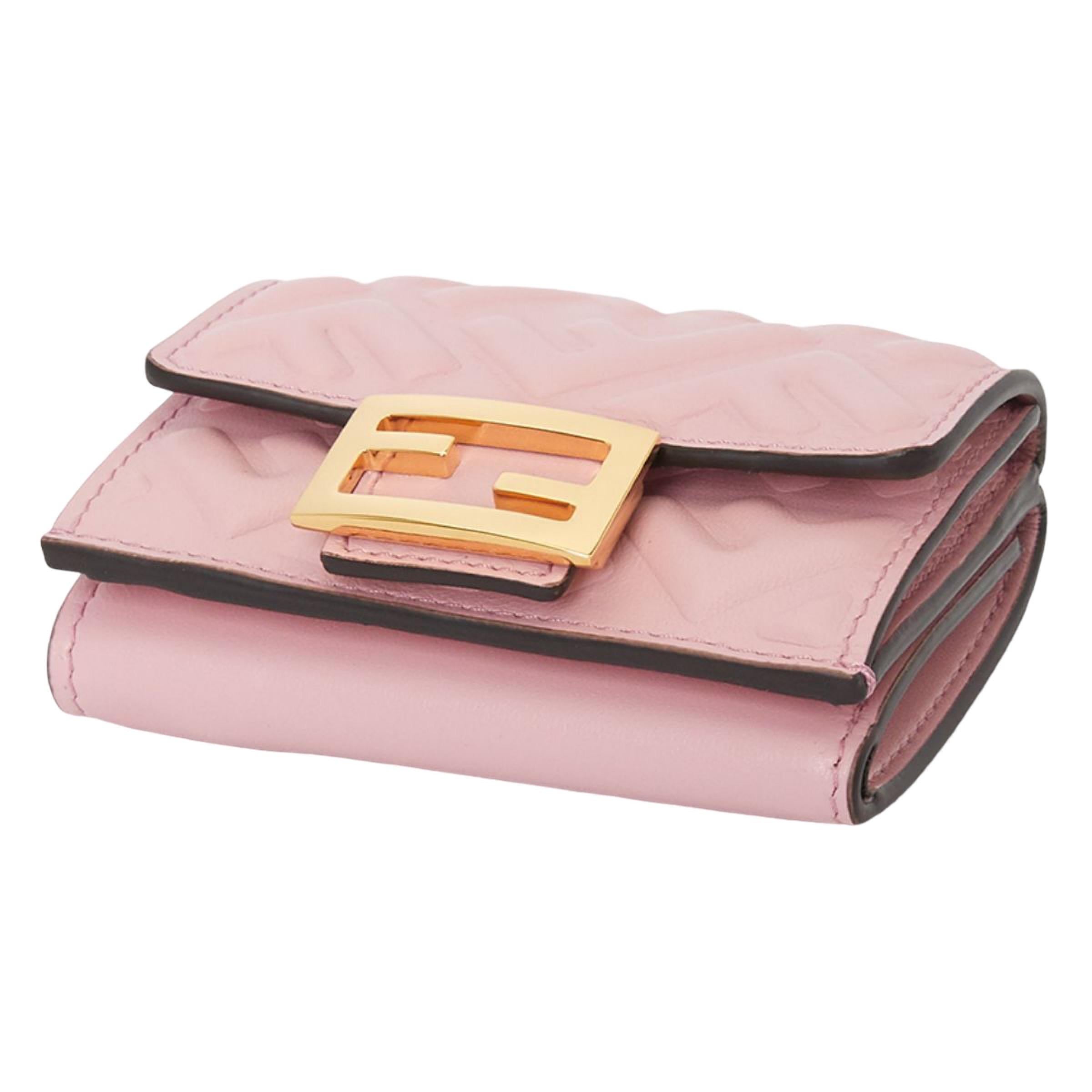 NEW Fendi Candy Pink Baguette Micro FF Monogram Leather Trifold Wallet For Sale 1