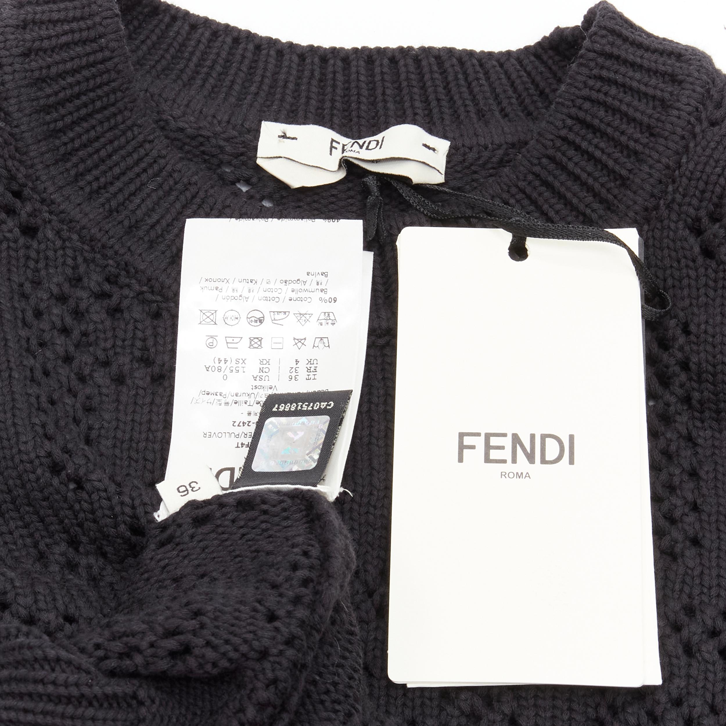 new FENDI FF Zucca black cotton knit crochet sweater top IT36 XS. For Sale 2