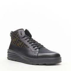 new FENDI FF Zucca monogram black leather mesh trim high top sneaker UK9 EU43