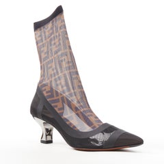 new FENDI FF Zucca monogram sheer sock black kitten heel bootie pump EU39