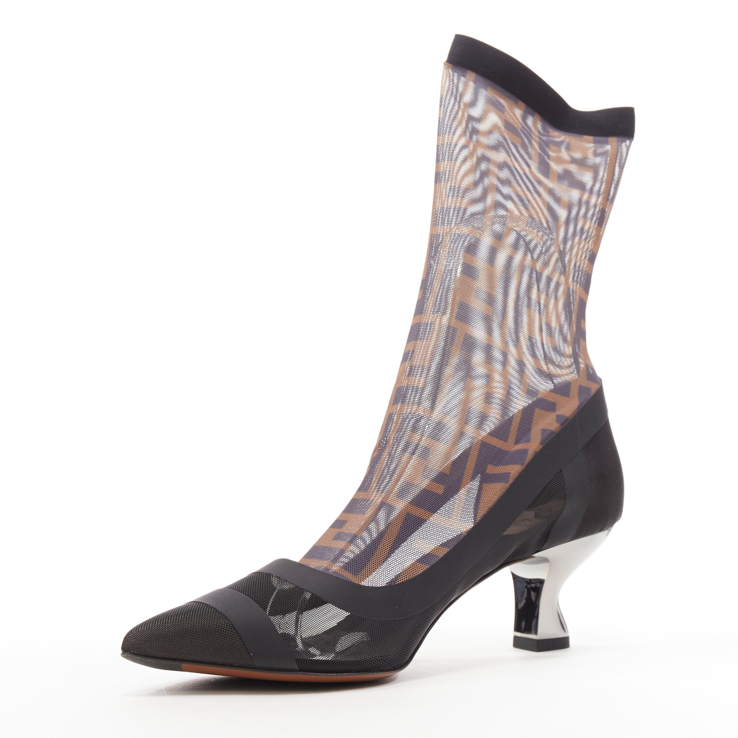 new FENDI FF Zucca monogram sheer sock black kitten heel bootie pump EU39 In New Condition In Hong Kong, NT