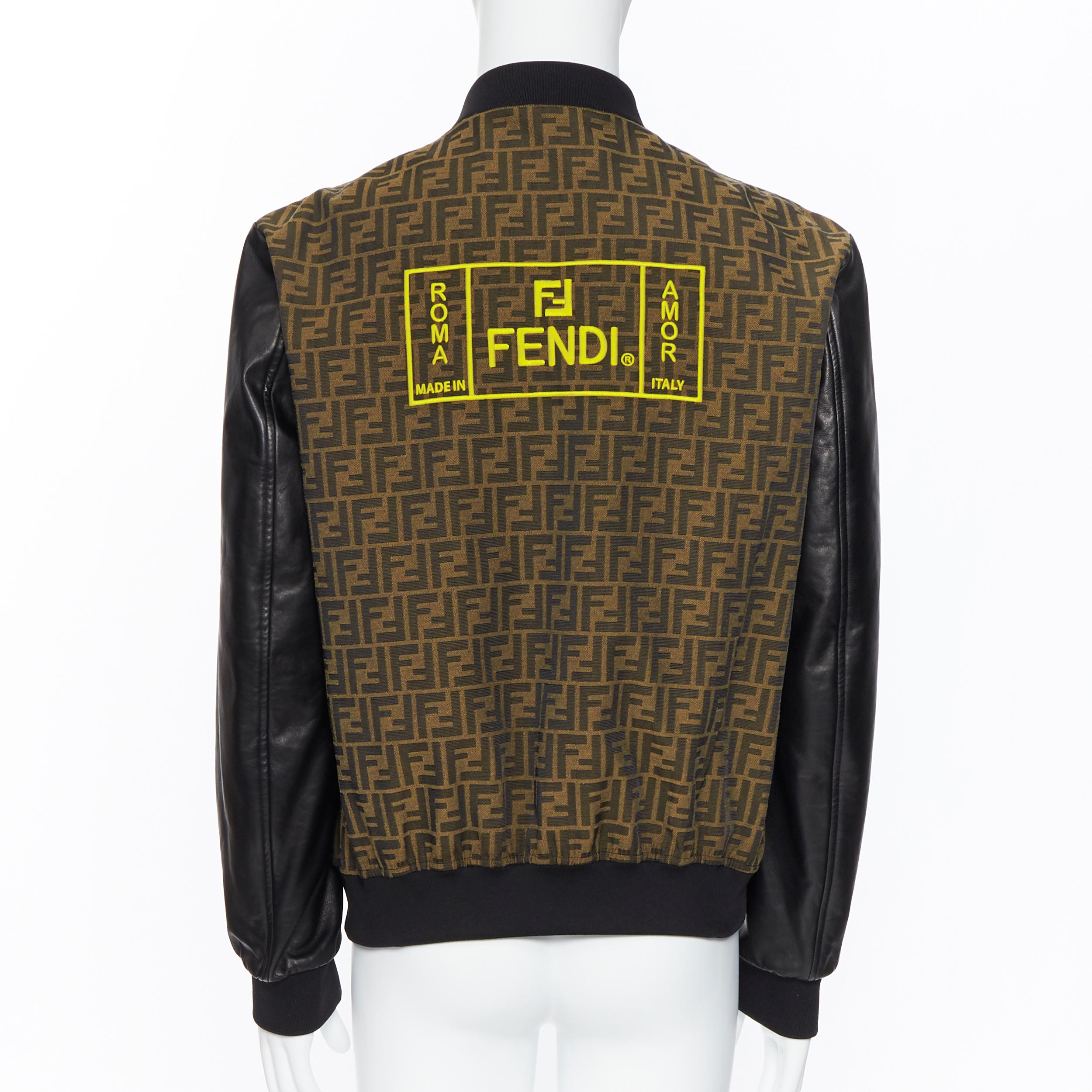 Black new FENDI FF Zucca monogram vintage logo embroidery leather sleeve bomber EU52