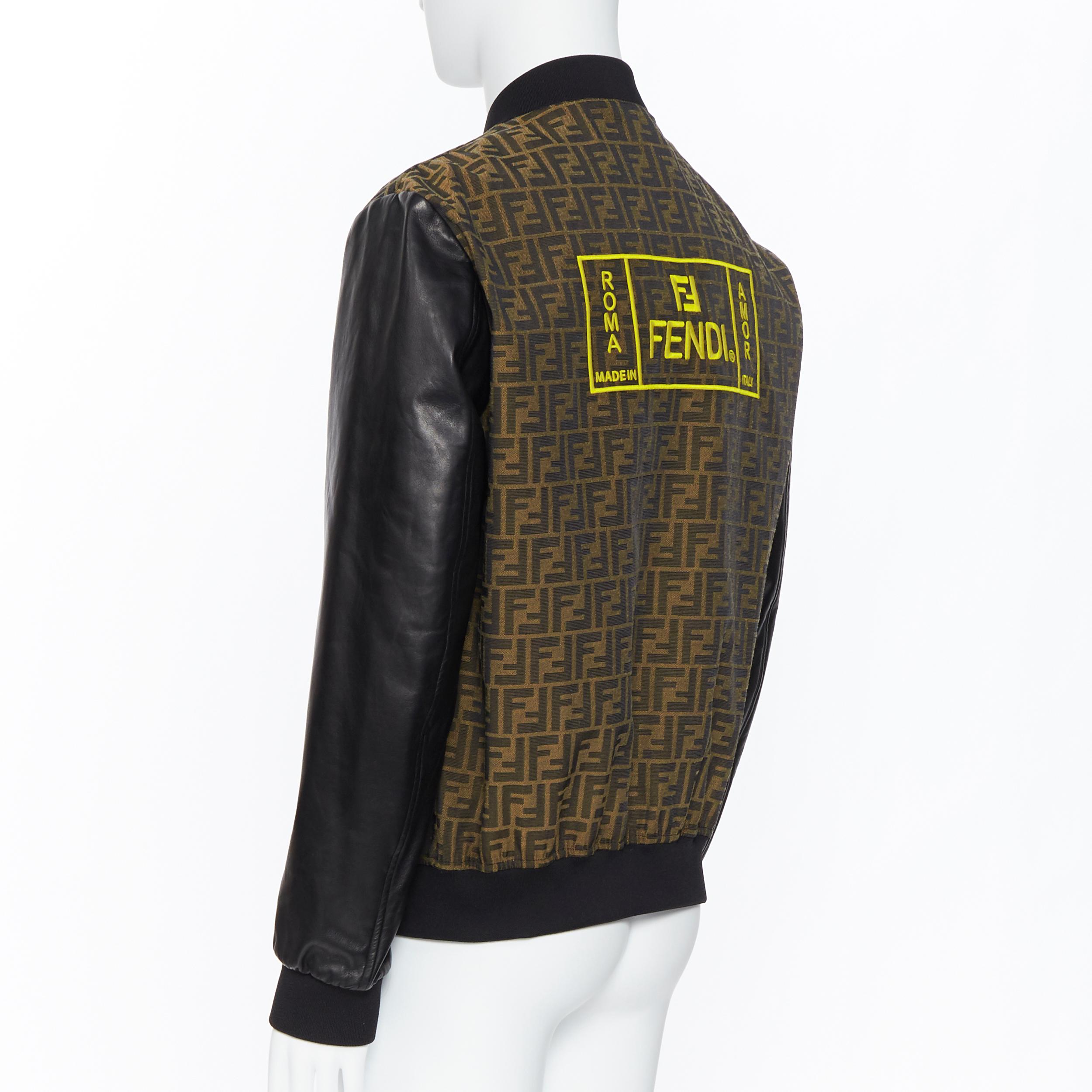 new FENDI FF Zucca monogram vintage logo embroidery leather sleeve bomber EU52 In New Condition In Hong Kong, NT