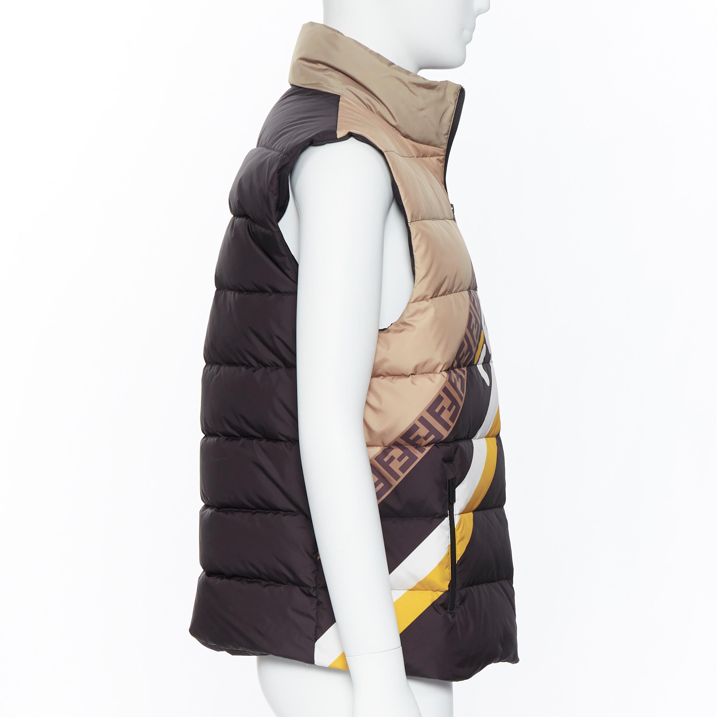 Black new FENDI Fila Mania black beige Zucca monogram logo goose down puffer vest EU48