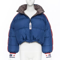 new FENDI Fila Mania Zucca monogram blue goose down cropped puffer jacket S