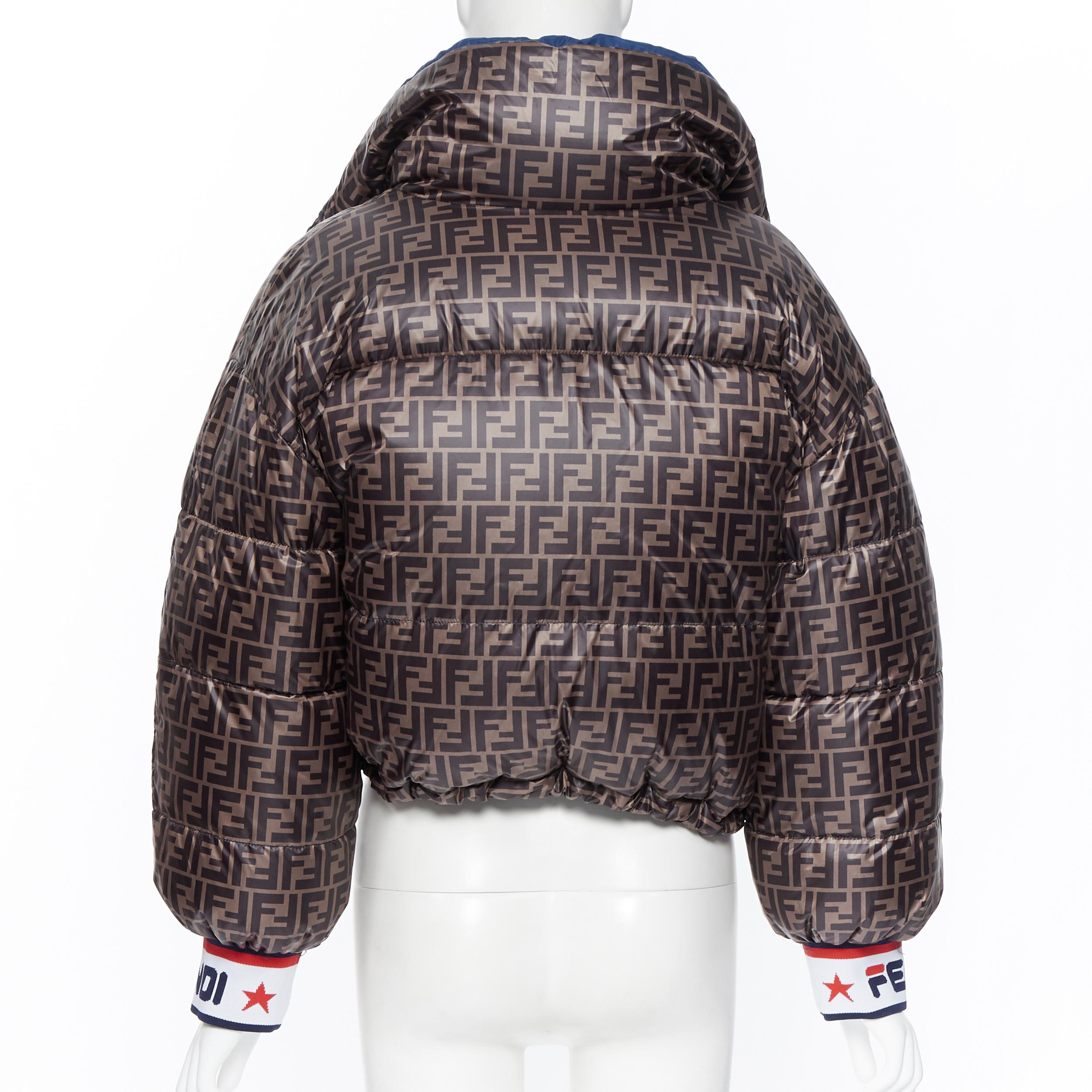 new FENDI Fila Mania Zucca monogram blue goose down cropped puffer jacket S In New Condition In Hong Kong, NT