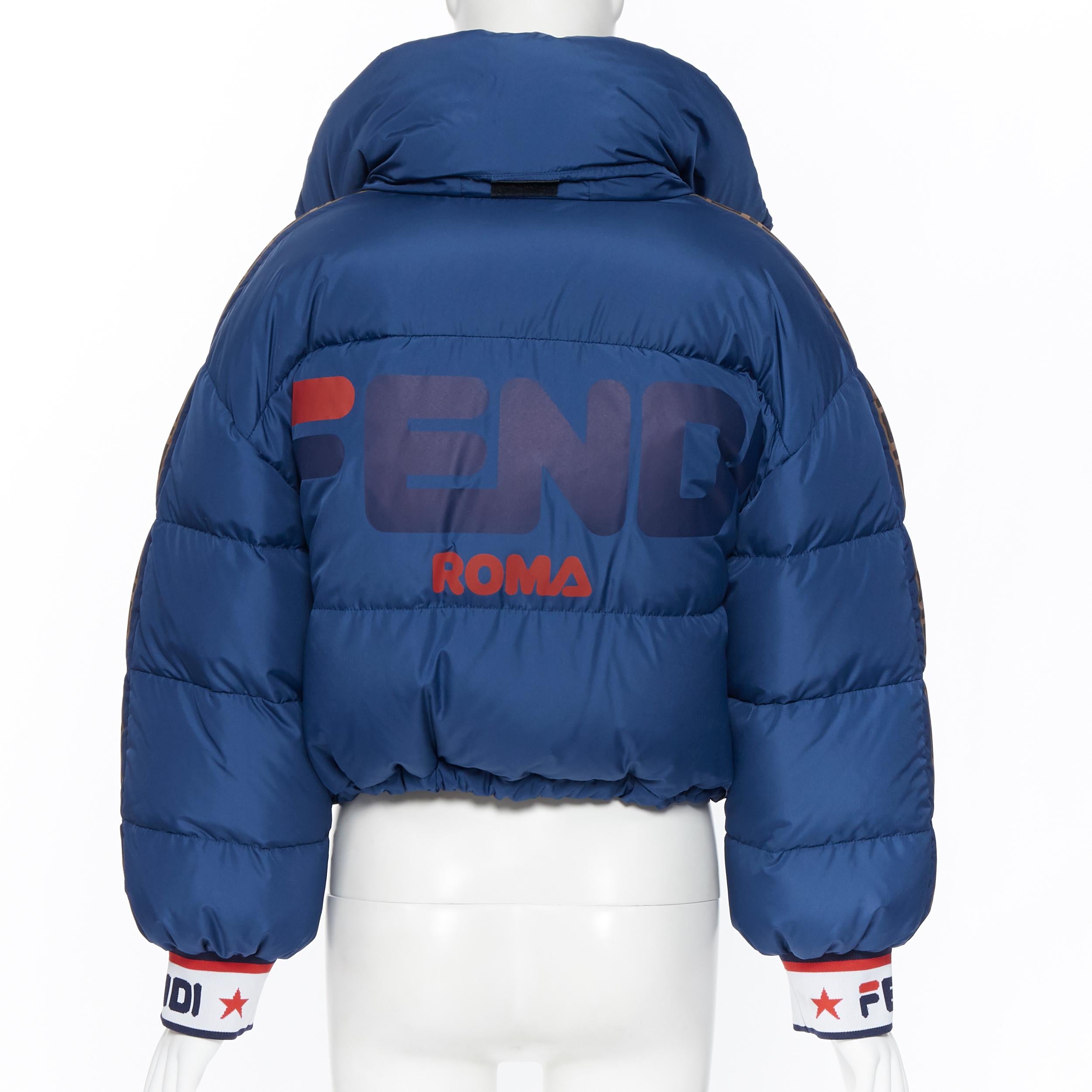 Men's new FENDI Fila Mania Zucca monogram blue goose down cropped puffer jacket S