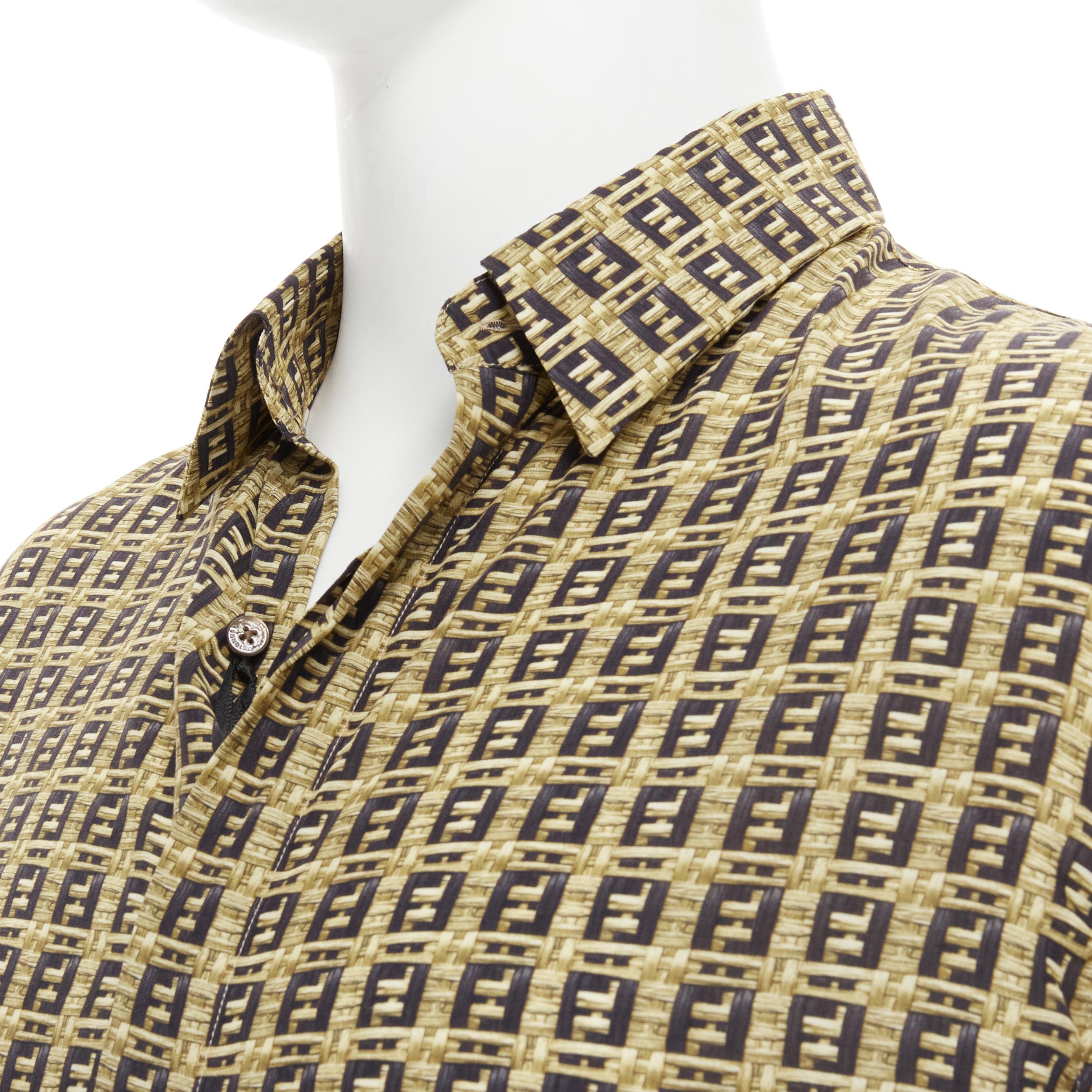 new FENDI Forever Bamboo FF Zucca interwoven print bowling summer shirt EU39 M 
Reference: TGAS/C00732 
Brand: Fendi 
Collection: Fendi Forever 
Material: Viscose 
Color: Brown 
Pattern: Abstract 
Closure: Button 
Estimated Retail Price: US $1060