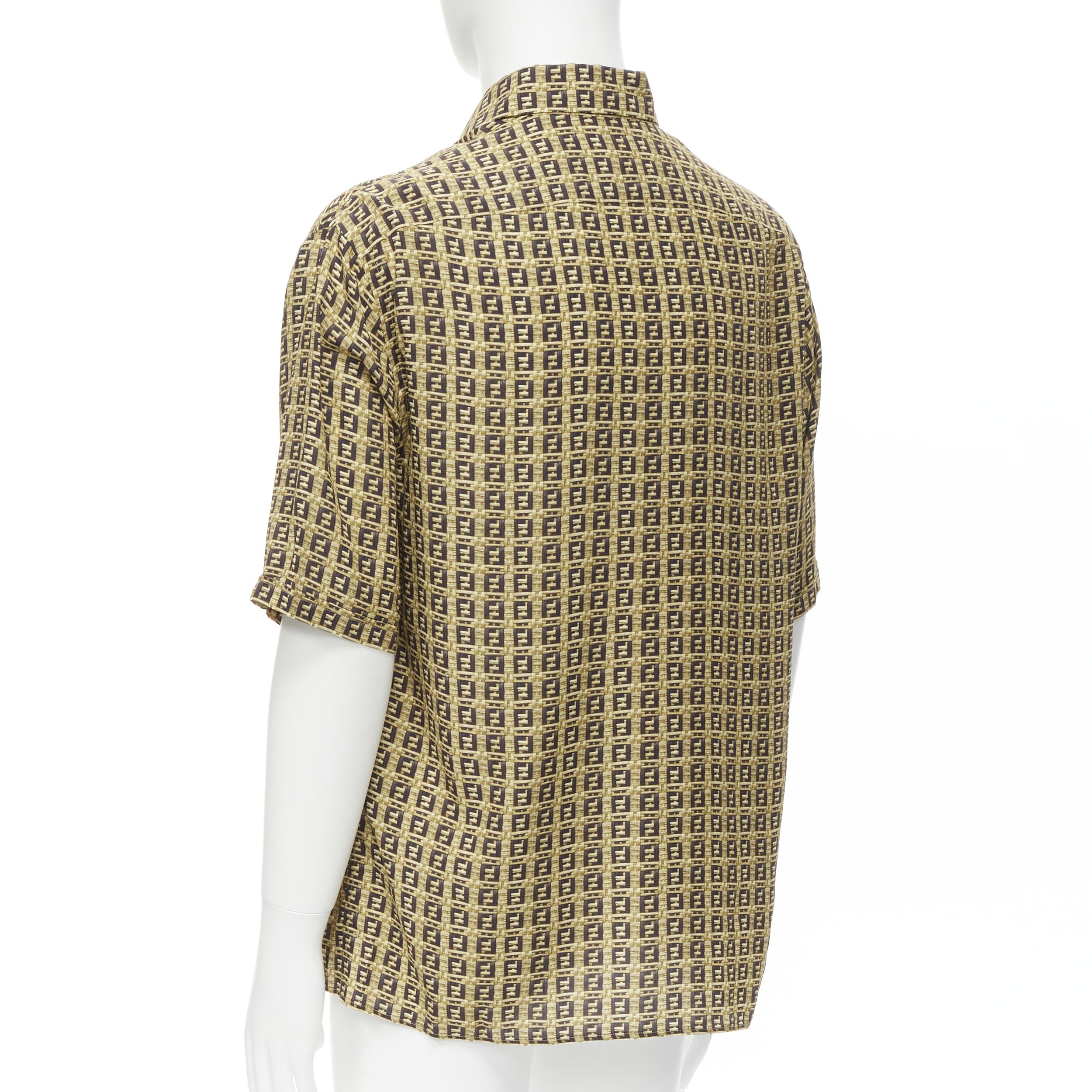 Beige new FENDI Forever Bamboo FF Zucca interwoven print bowling summer shirt EU39 M For Sale