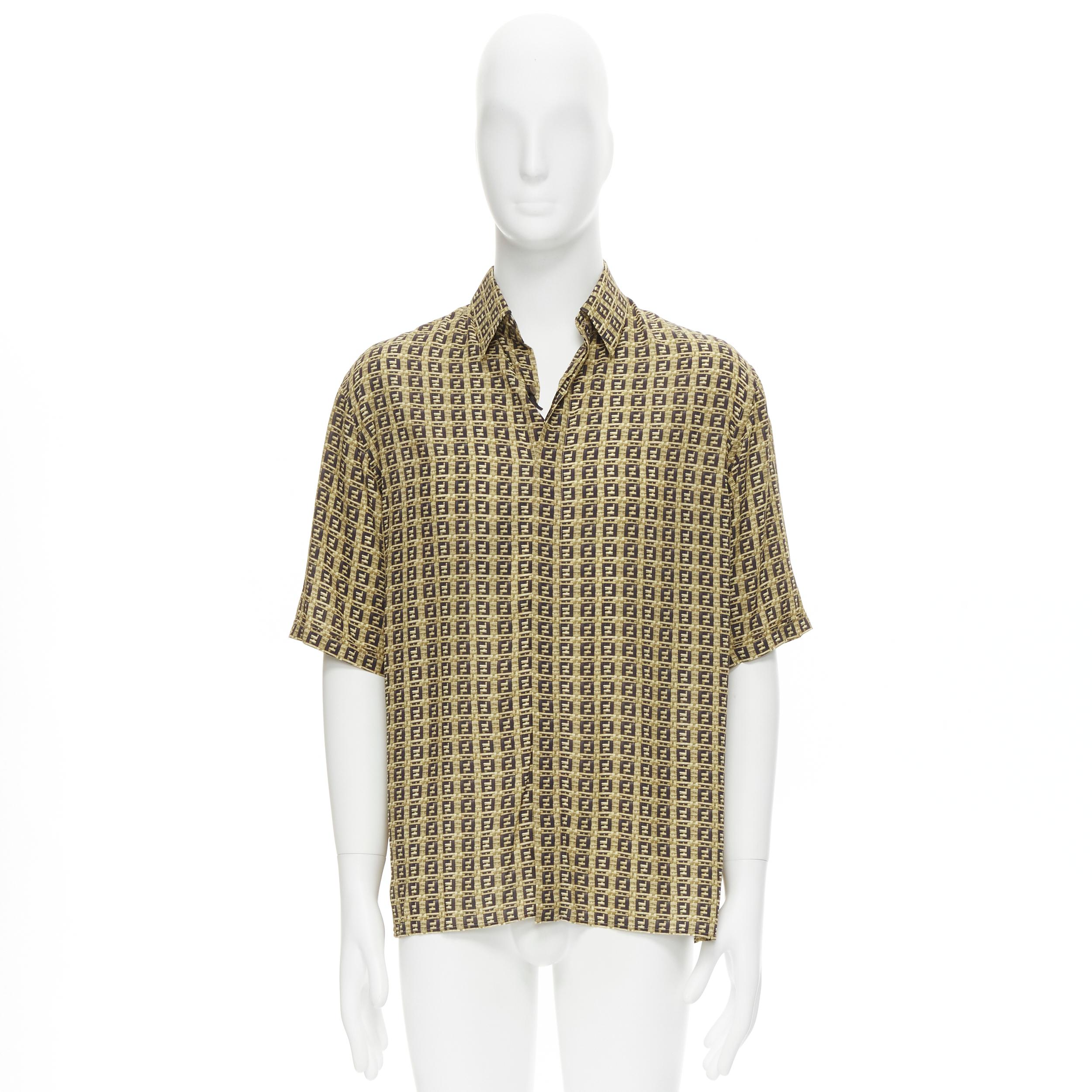 Men's new FENDI Forever Bamboo FF Zucca interwoven print bowling summer shirt EU39 M For Sale