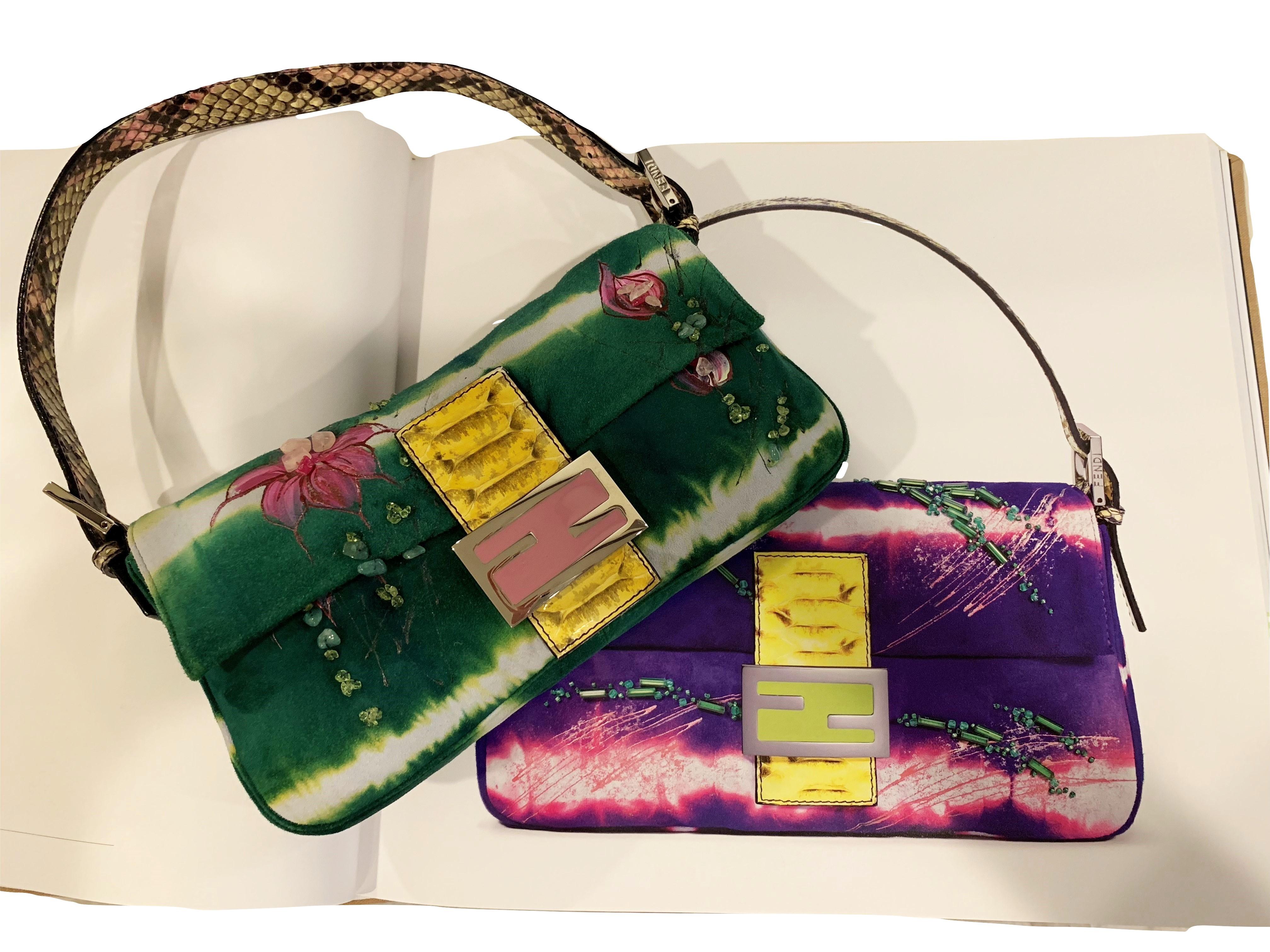 Rare Fendi Baguette
Vintage New
Minor Interior markings.
Brushed Tie Dyed Suede 
Hand Painted Floral Accents and Hand Beaded
* Multi Colored Yellow and Pinks Python Strap and Front Buckle
* Multi Colored Beading Throughout
* Silver & Pink Hardware
*