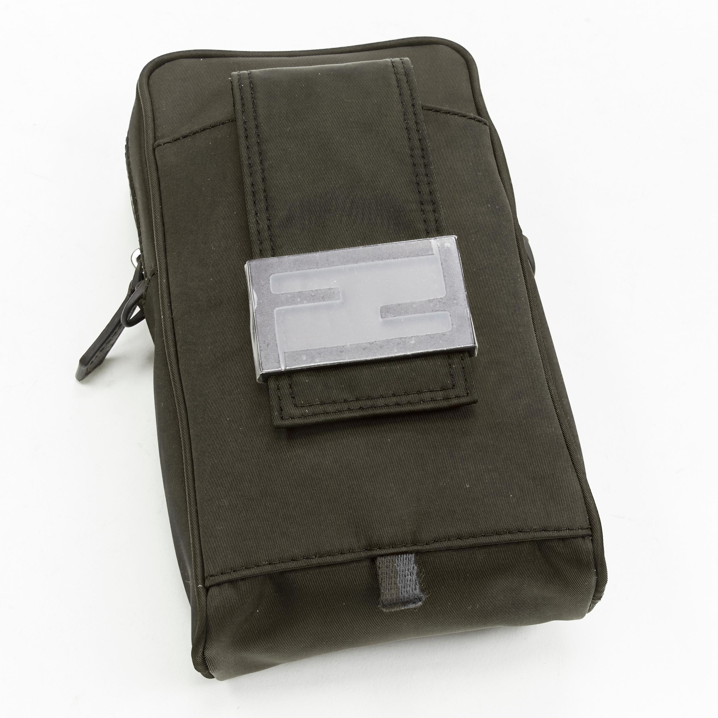 Men's new FENDI KIM JONES 2022 dark green nylon FF Vertical Baguette crossbody bag For Sale