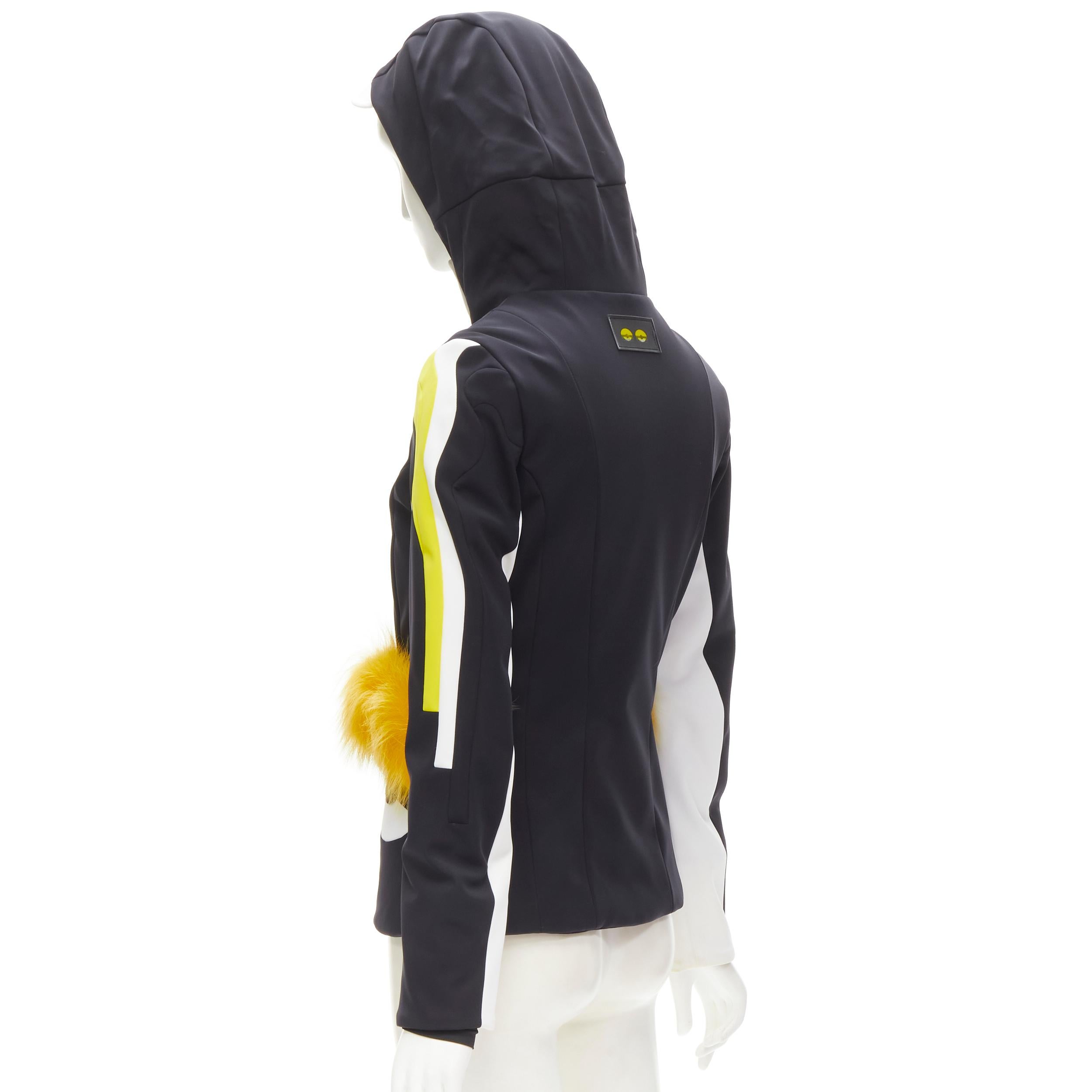 Women's new FENDI Monster Bug Eye black yellow fur trim ski jacket IT38 XS For Sale