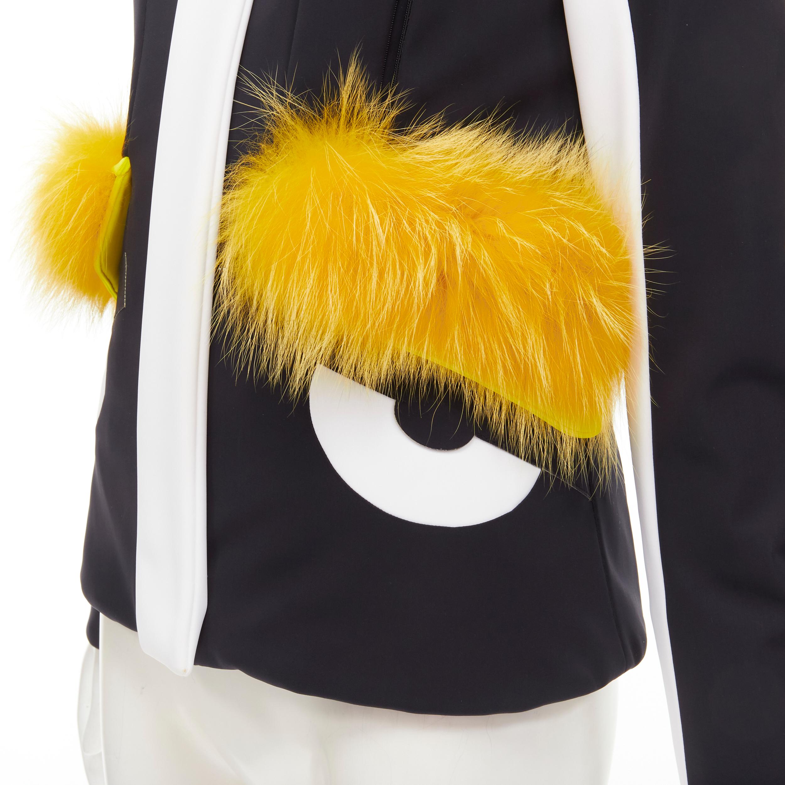 new FENDI Monster Bug Eye black yellow fur trim ski jacket IT38 XS For Sale 2
