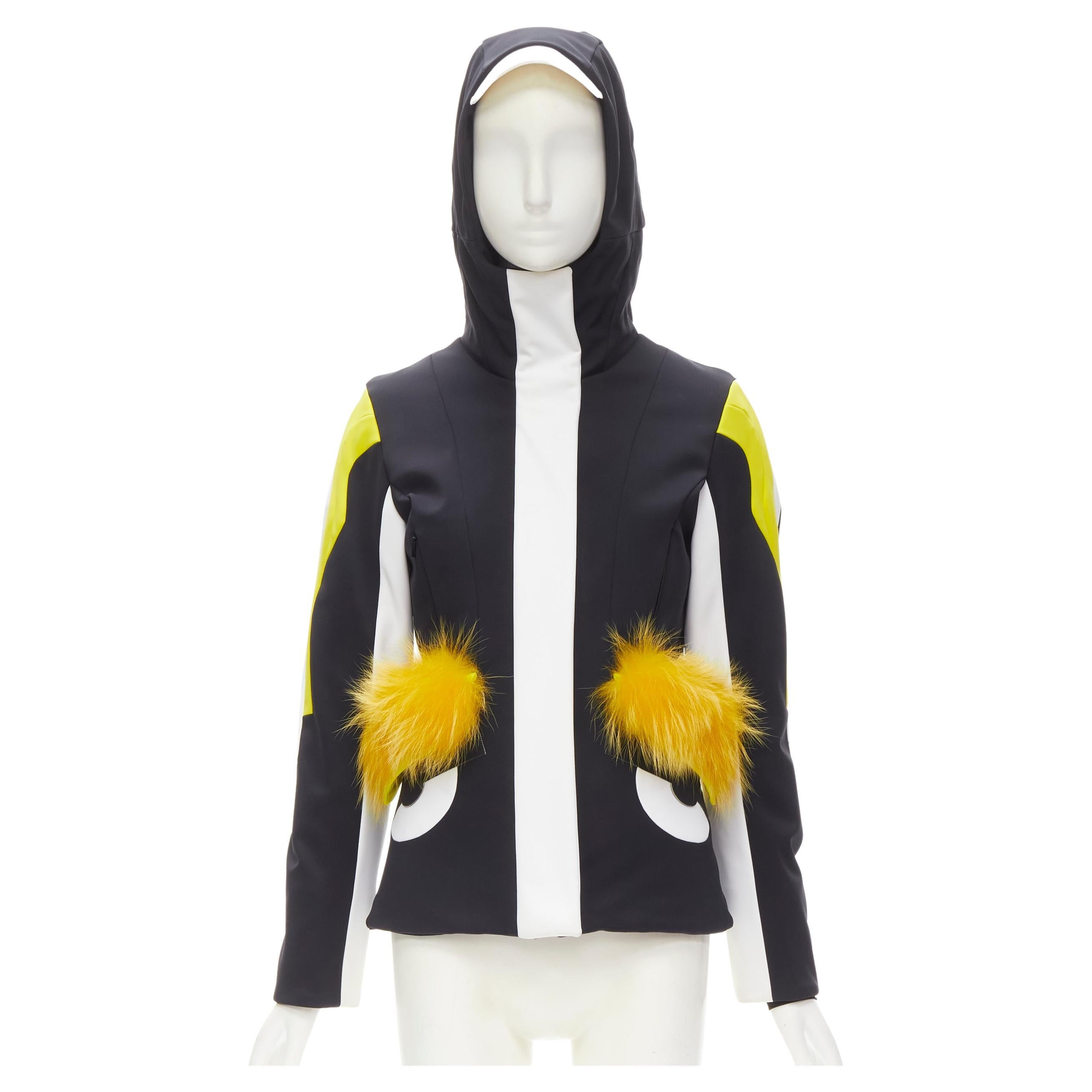 new FENDI Monster Bug Eye black yellow fur trim ski jacket IT38 XS For Sale