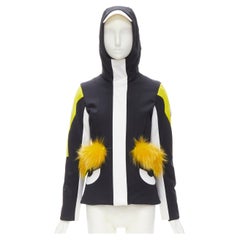 new FENDI Monster Bug Eye black yellow fur trim ski jacket IT38 XS