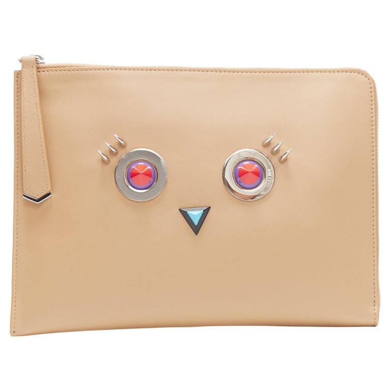 new FENDI Monster Faces tan brown stud embellished zip around pouch clutch  bag at 1stDibs